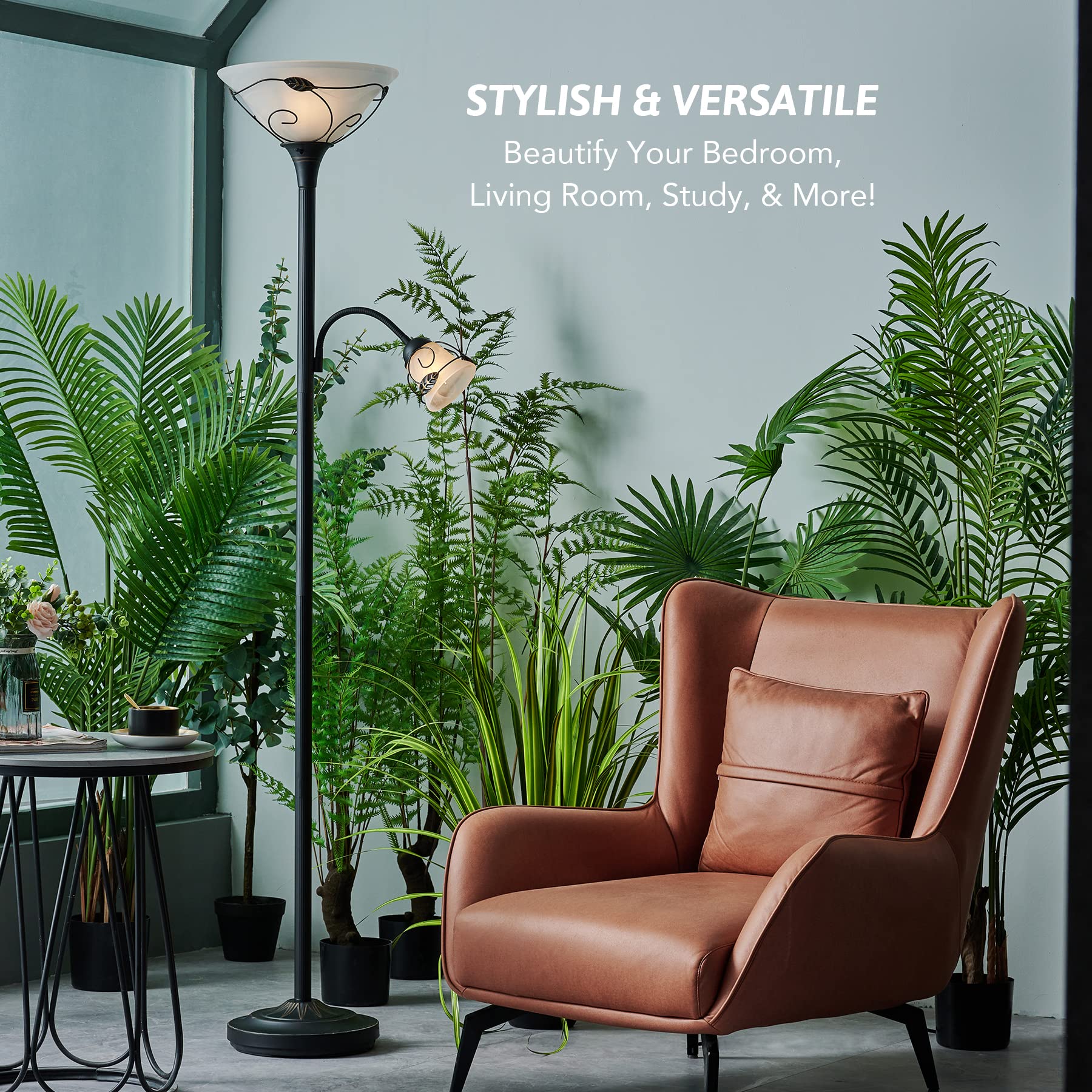 Vonluce Torchiere Floor Lamp With Side Reading Light, 3-Way Switch Combo Antique Bronze Mother Daughter Floor Lamp With Glass Sh