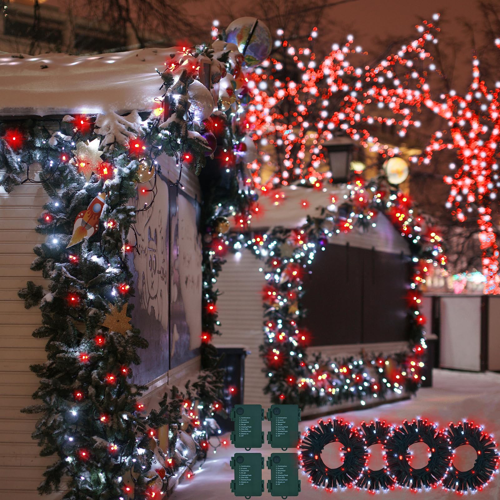 4 Pack Red White Christmas Lights Battery Operated 16.4Ft 50 Led Wreath Christmas String Lights Auto Timer Candy Cane Battery String Lights 8 Modes Green Wire Xmas Decor For Christmas Tree Garland