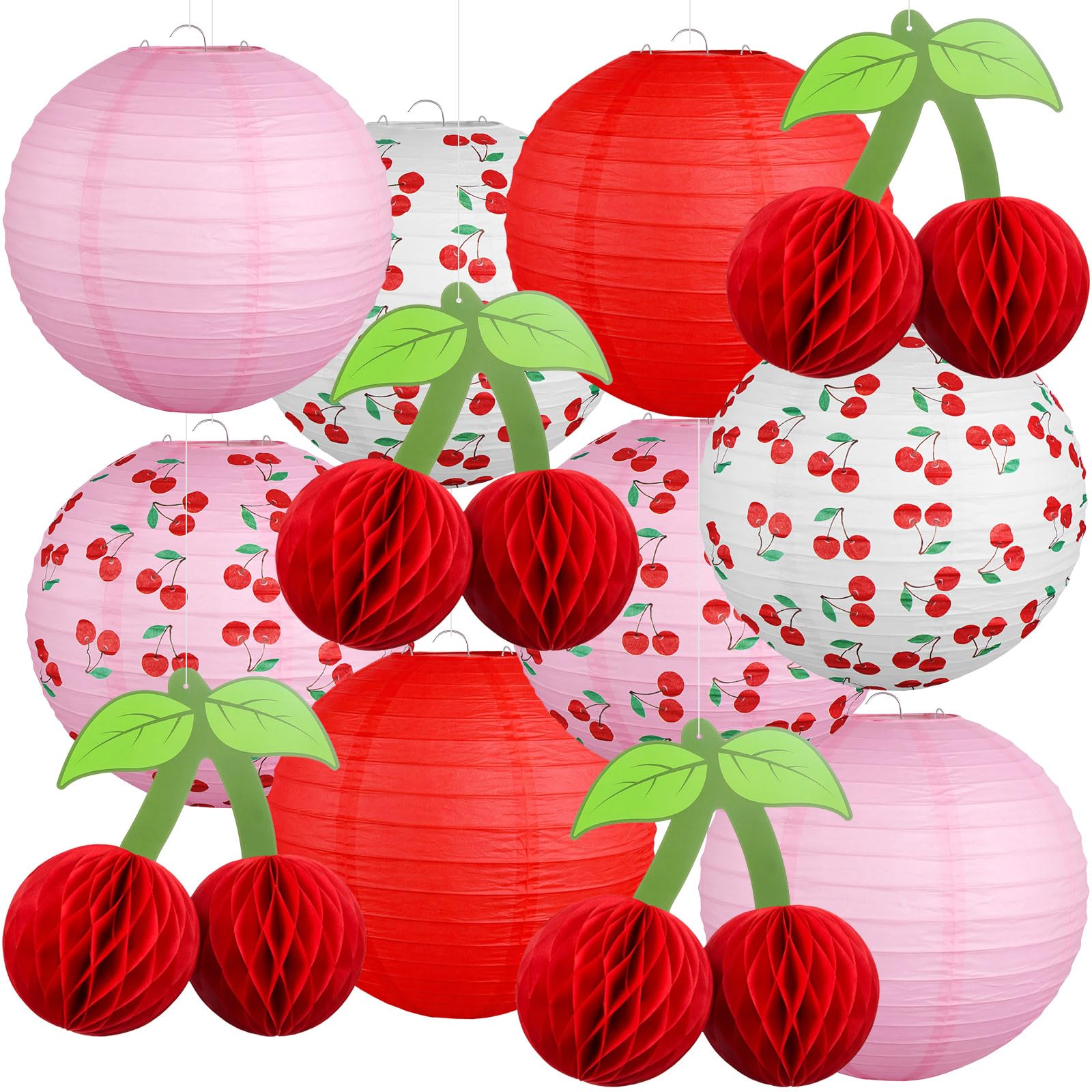 Baquler 12 Pieces Cherry Paper Lanterns Decoration Hanging Ornaments Red Pink White 3D Honeycomb Ball for First Birthday Party B