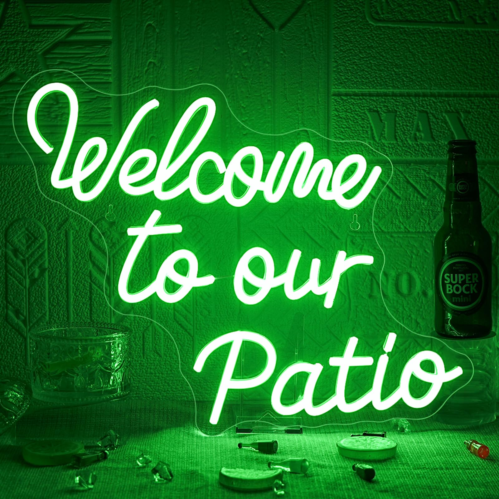 FAXFSIGN Neon Sign - Welcome To Our Patio, Green LED Light, 16.54in x 12.6in, Colorful Wall Decor for Outdoor Cafe, Garden, Party