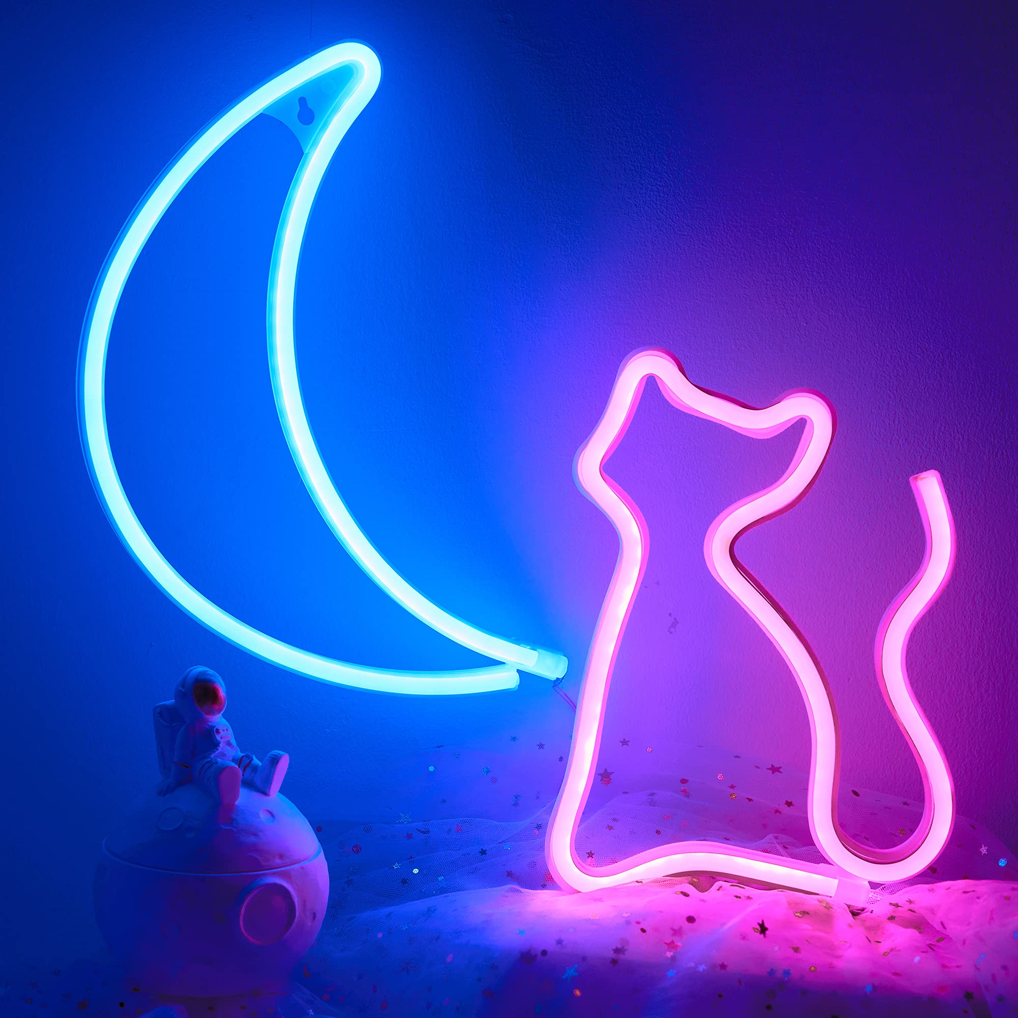 Werfeito Neon Sign, LED Cat and Moon Lights, USB/Battery Operated, Wall Decor, Model ML-NHD-FT-02, Color: Cat Moon
