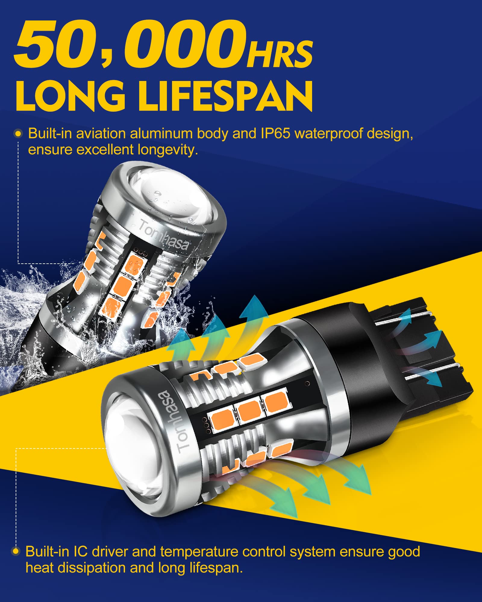 Tomhasa 7440 7443 Led Bulbs Amber Yellow For Turn Signal Light Bulbs, 7441 7444 T20 W21W Led Replacement Bulbs For Front Rear Turn Signal Lights, Side Marker Lights, Brake Blinker Lights, Pack Of 2