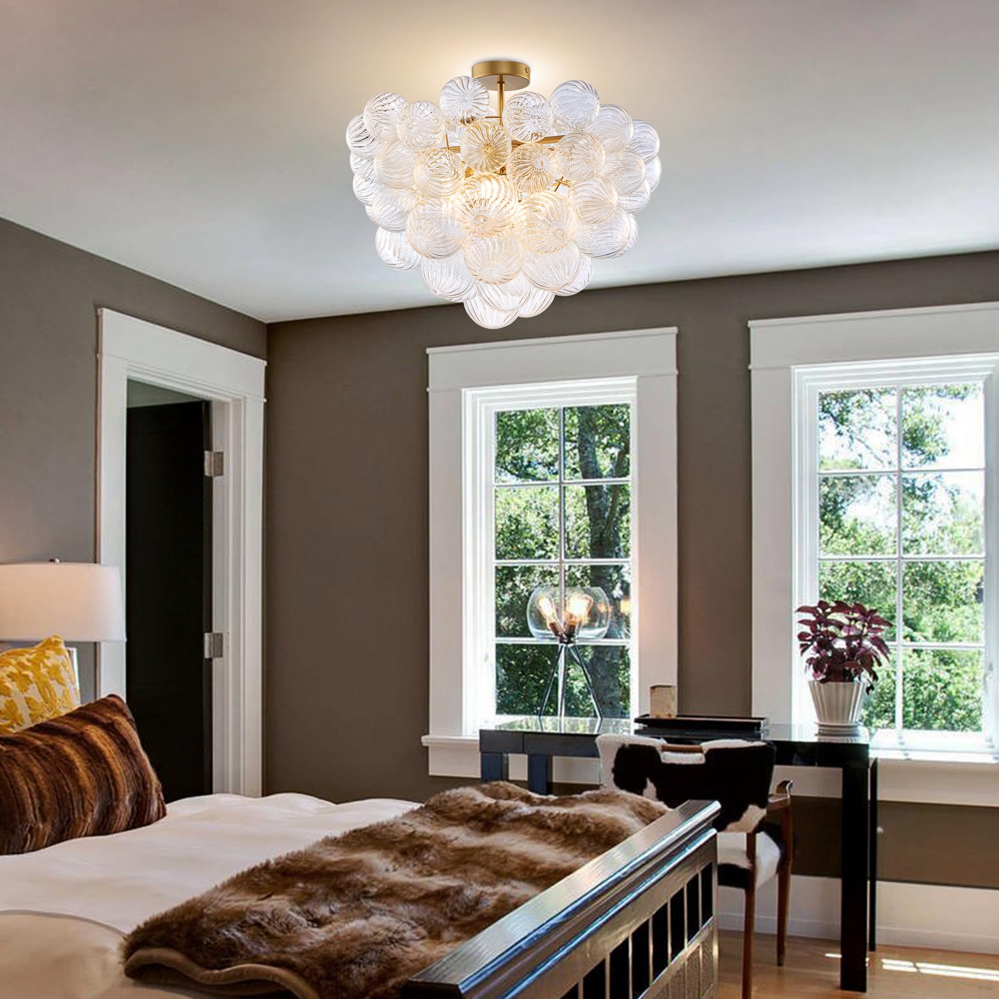 Beypan Semi Flush Mount Bubble Ball Chandelier Clear Swirled Ribbed Blown Glass Globe Gold Chandeliers Ceiling Light Fixture Dia 24" For Dining Living Room Bathtub Bathroom