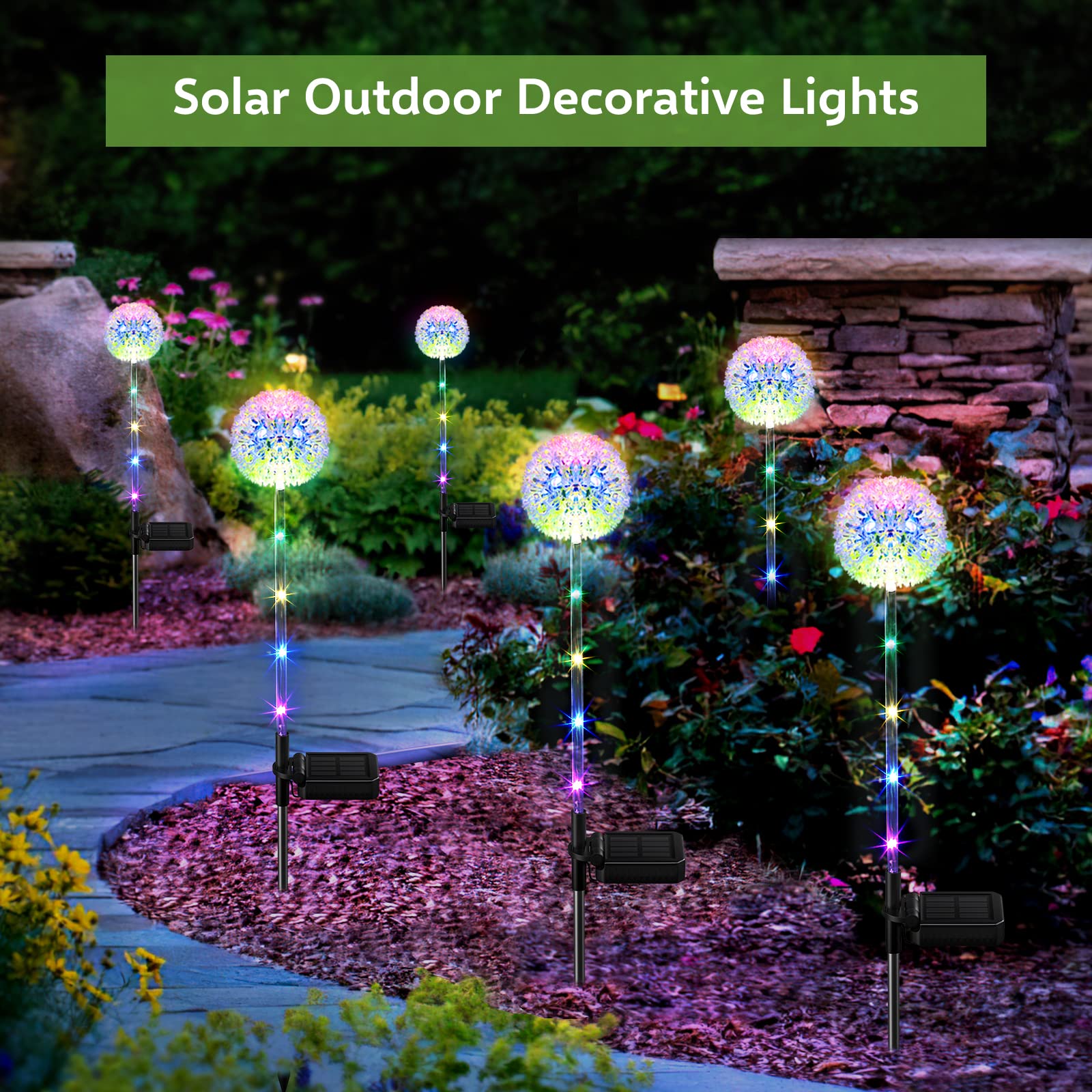 Bonlion 4 Pack Solar Garden Lights - Colorful Led Dandelion Decor, Waterproof Outdoor Lighting