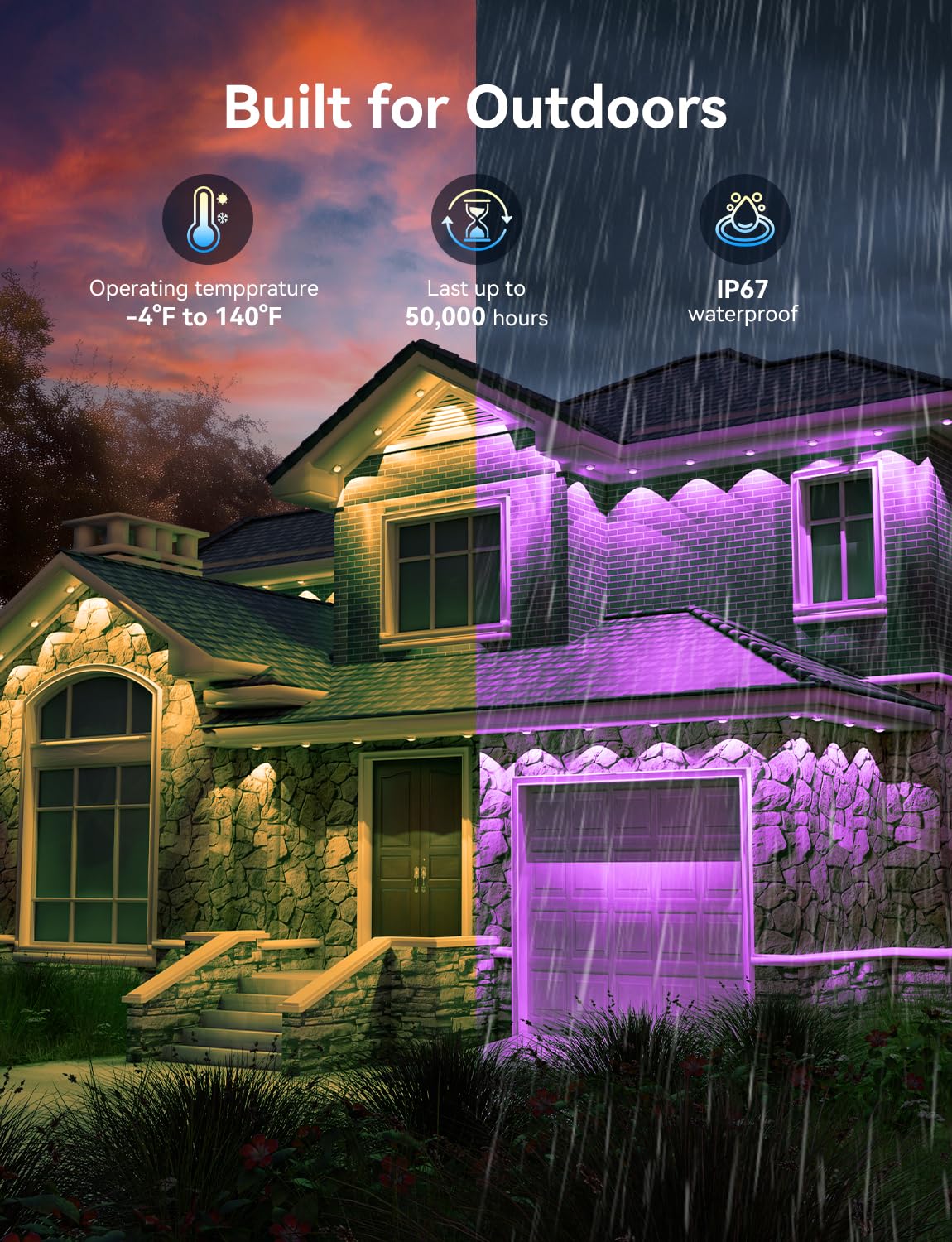 lemonrole RGB Outdoor Lights 400FT with App Control, IP67 Waterproof, Multicolor Eaves Lighting for Christmas & Holiday Decor