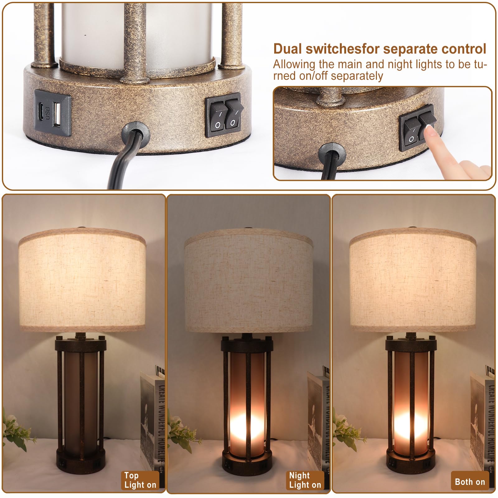 Farmhouse Table Lamps Set Of 2, Table Lamp For Living Room With 2 Usb Ports, Vintage Rustic Nightstand Lamps With Amber Glass Nightlight, Retro Desk Lamps For Bedroom Entryway, Included Bulbs.