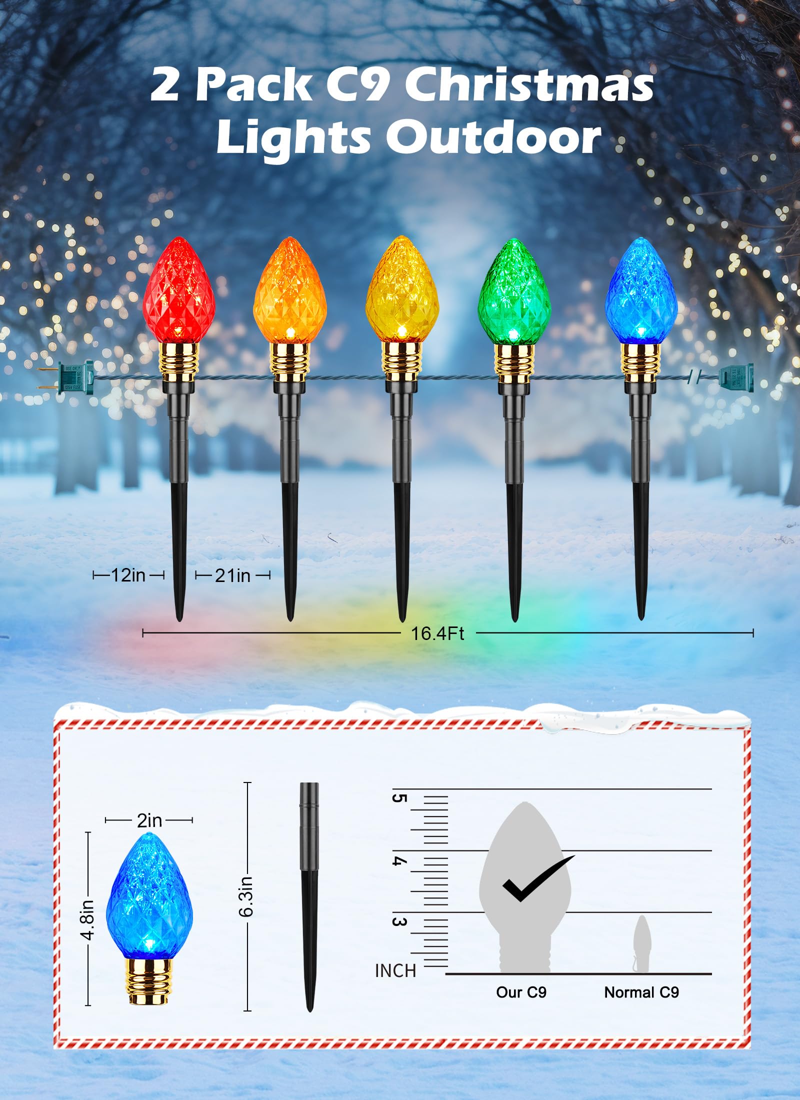 2 Pack Strawberry C9 Christmas Pathway Lights Outdoor - Total 34.8 Feet 20 Led Christmas Walkway Lights, Colored Bulb Christmas