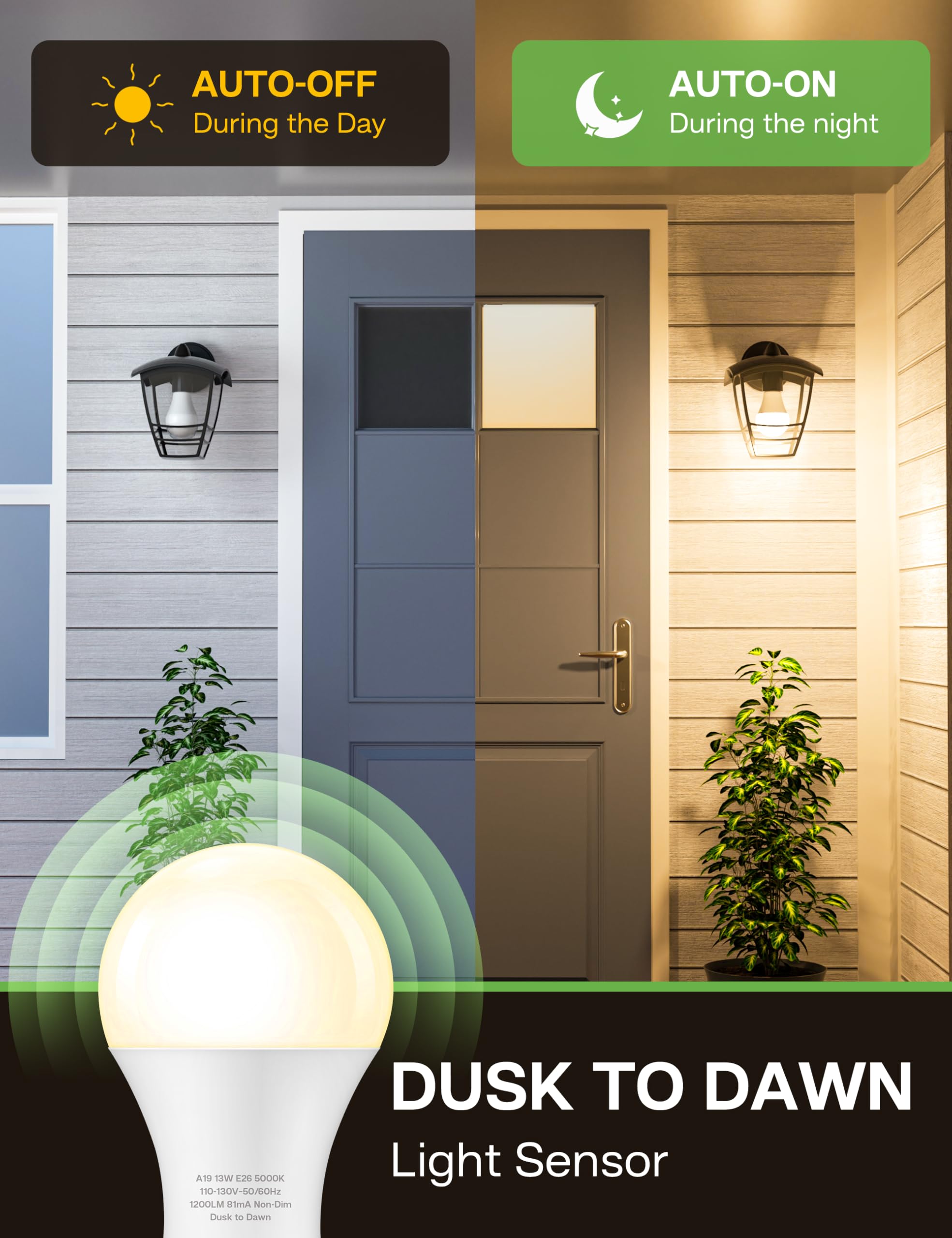 Eastiya Dusk to Dawn LED Outdoor Light Bulb, 13W (100W Equivalent), Warm White 3000K, Auto-On/Off, 1200LM, 4 Pack