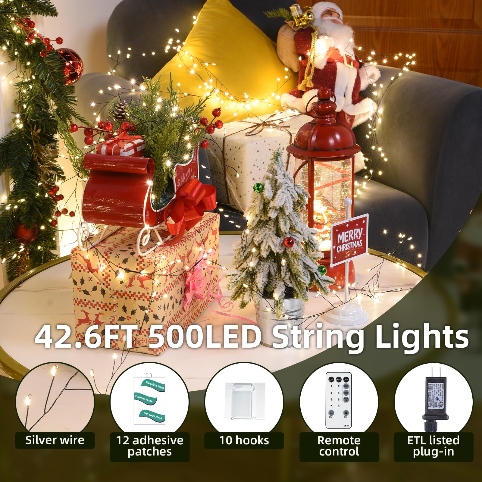 Lycklig Fairy Lights Plug In 32.8Ft 500Led Warm Christmas Wreath Twinkle Lights With Timer Waterproof Remote Fire er Firefly Cluster String Light For Bedroom Graland Party Tree Decor Black Wire