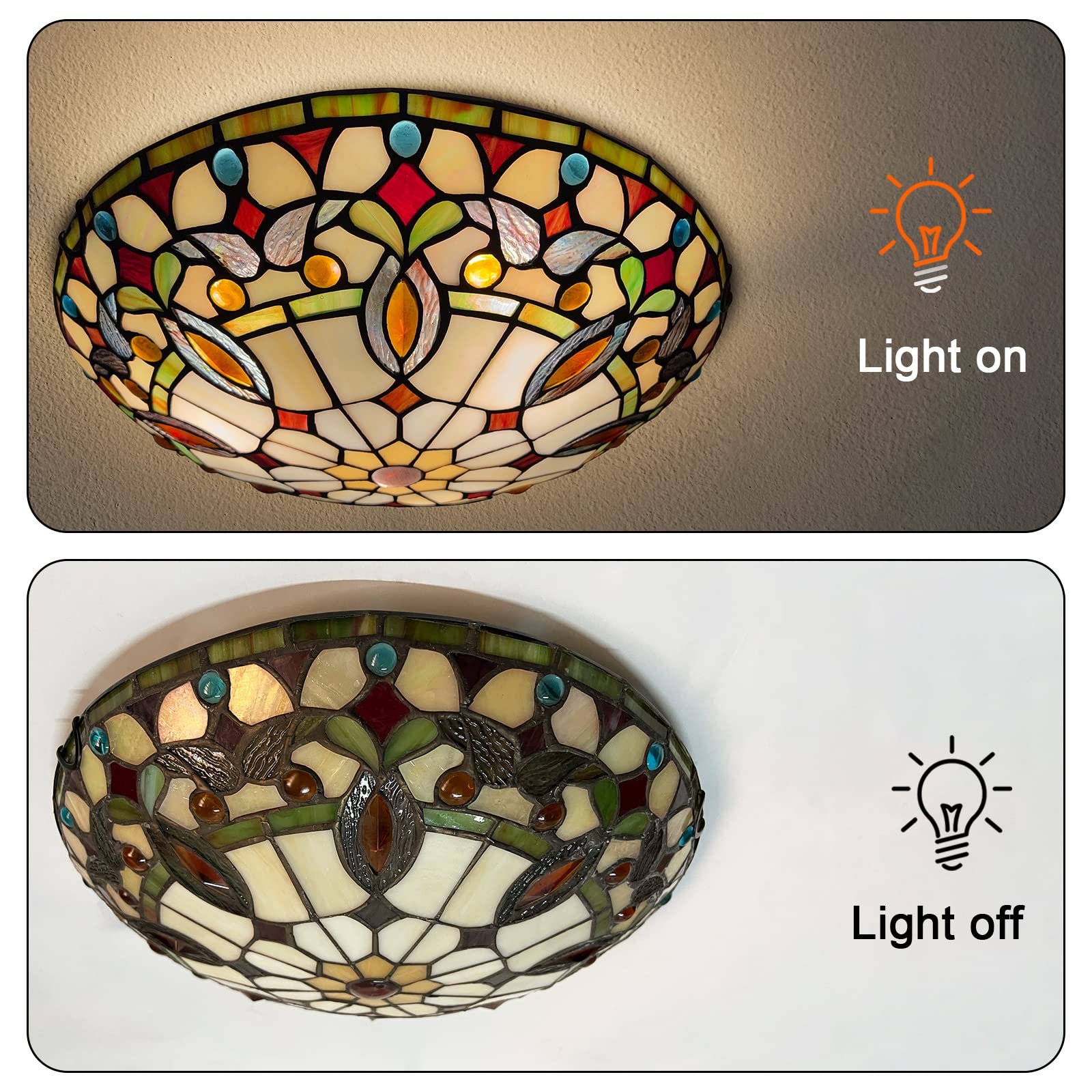 Artzone Tiffany Ceiling Light, 3-Lights Stained Glass Flush Mount, 16 Inch, Brown Cream, Model Ar164339Sf