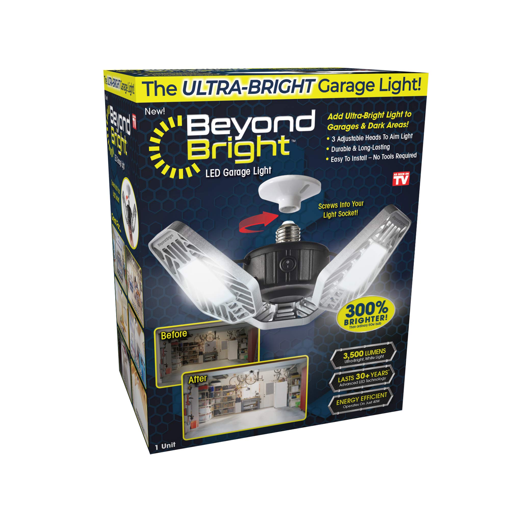 Ontel Beyond Bright LED Garage Light - 3 Adjustable Panels, Energy Efficient, 1 Count, Black/Grey, Model BEBR-MC4
