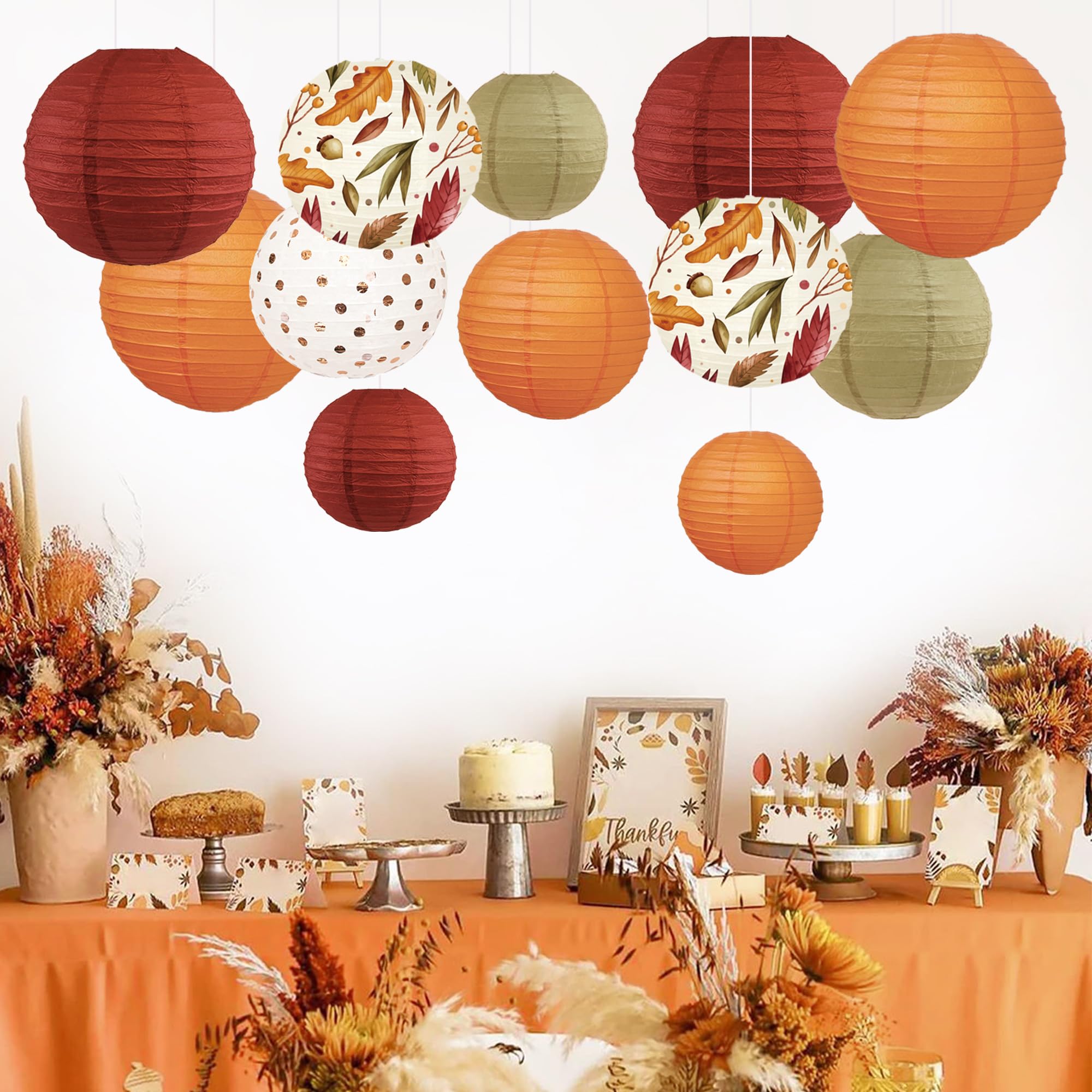 NICROLANDEE 12Pcs Burgundy Orange Maple Leaves Hanging Paper Lanterns Party Decorations for Thanksgiving, Wedding, Birthday, Bab