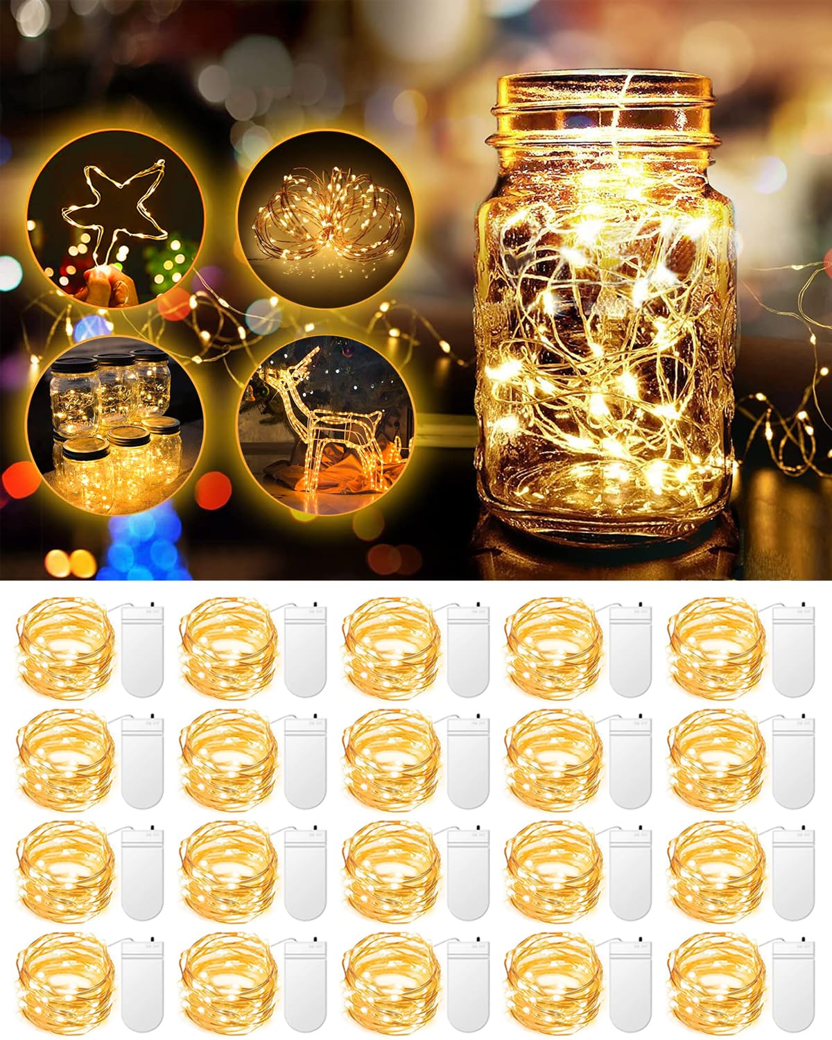 20 Pack Fairy Lights Battery Operated 3.3Ft 20 Led Mini String Lights Twinkle Lights Copper Wire Firefly Starry Lights For Mason Jars Wedding Party Christmas Centerpiece Table Decorations, Warm White