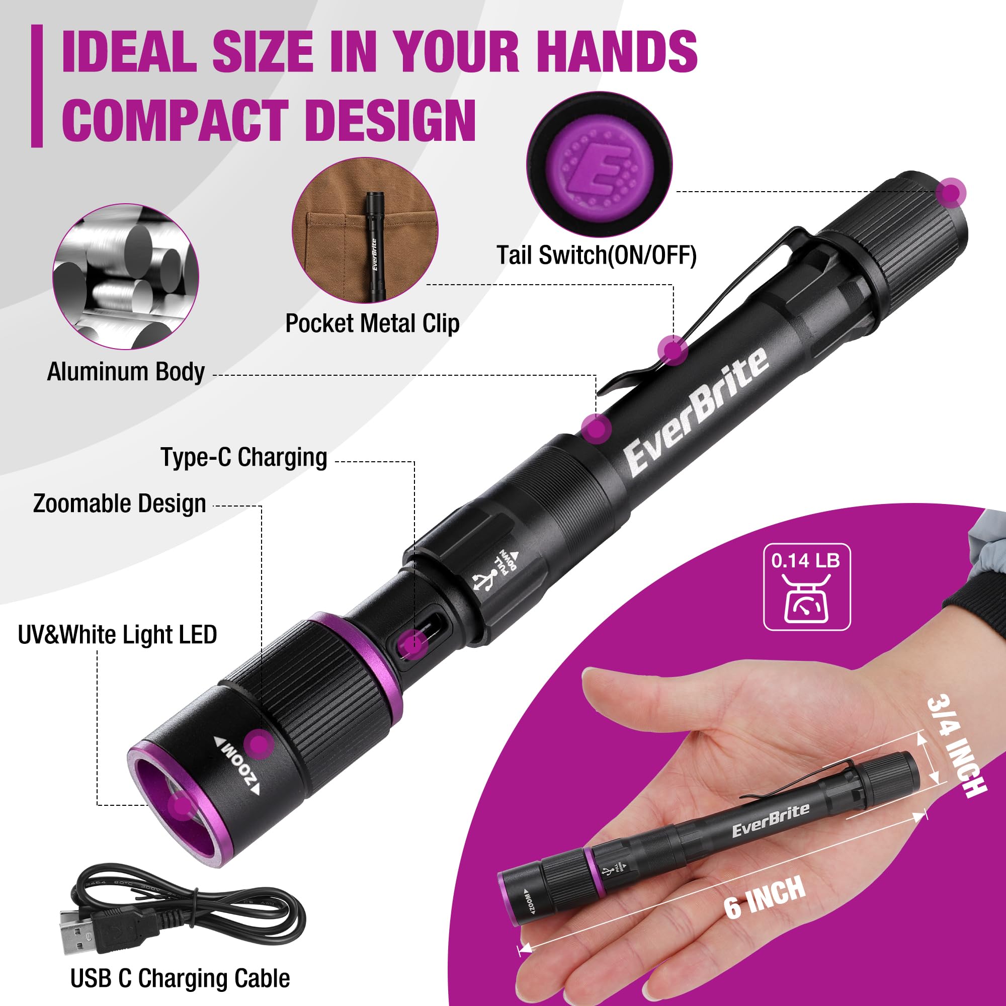 EverBrite Rechargeable Black Pen Flashlight with UV & White Light, Zoomable 4 Modes, USB C Cable for Camping & Pet Urine Detection