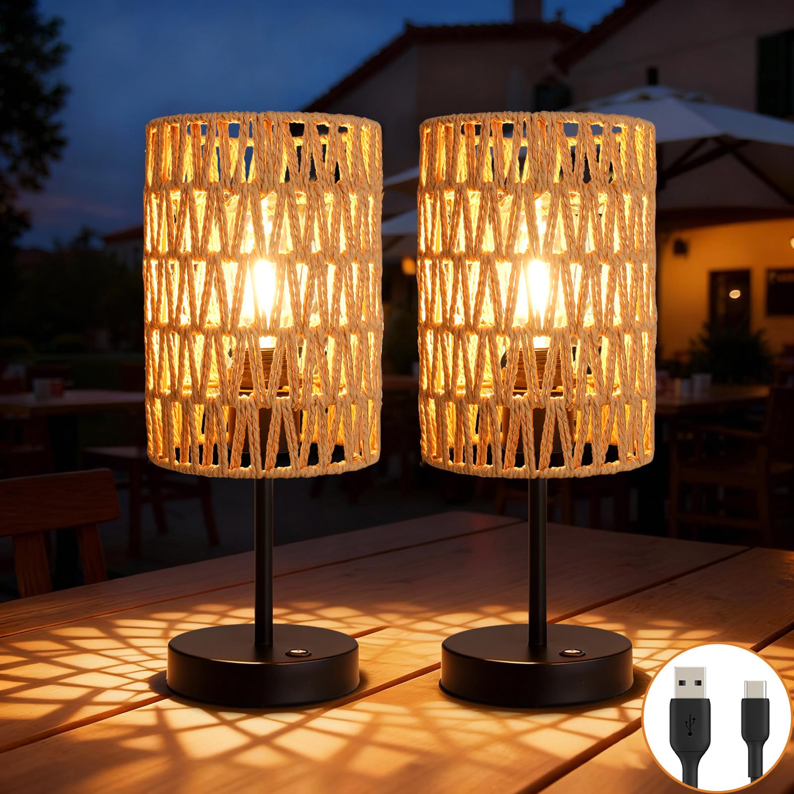 ALL FORTUNE Rechargeable Outdoor Table Lamps, Rattan Boho Cordless Battery Operated Table Lamps, Patio Lamp for Living Room, Bal