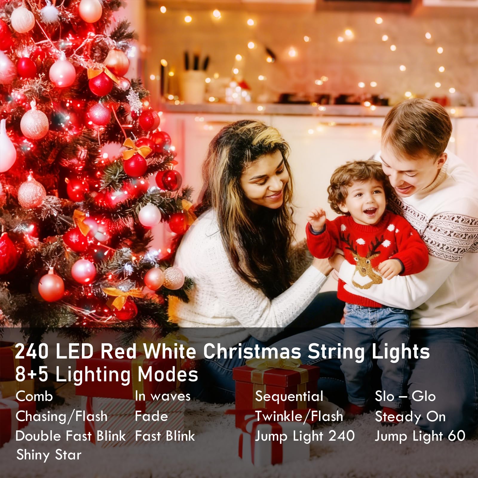KAQ 88FT 240LED Connectable String Lights, Red & White, Clear Wire, Indoor/Outdoor, Timer, Model GP-SW290DC0209-IP44