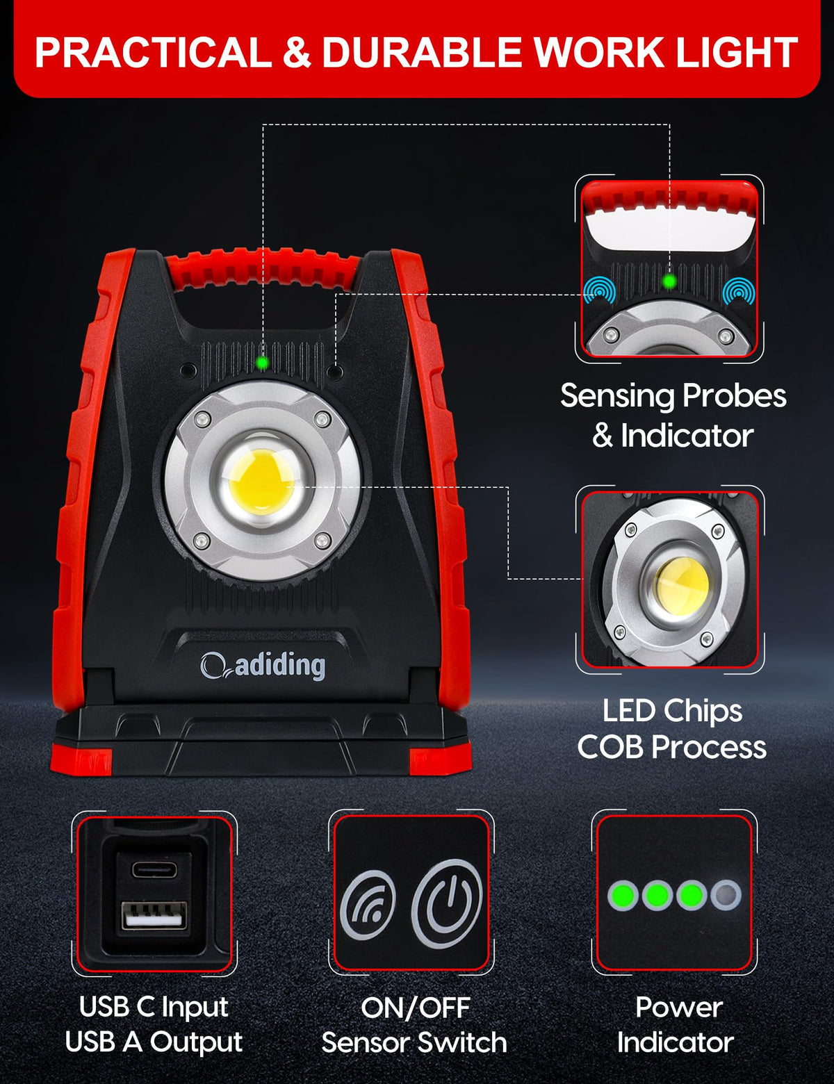 Led Work Light Rotation Adiding 4400mAh Rechargeable LED Work Light, Portable Flood Light ...