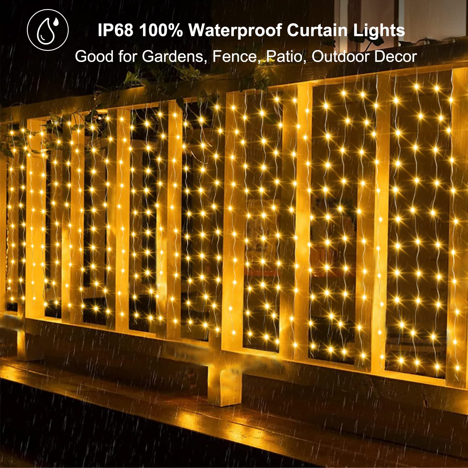 ZAIYW Outdoor Curtain Lights, 300 LED Color Changing, 20Ft x 3Ft, Waterproof String Lights for Stair Railing & Eaves Decor
