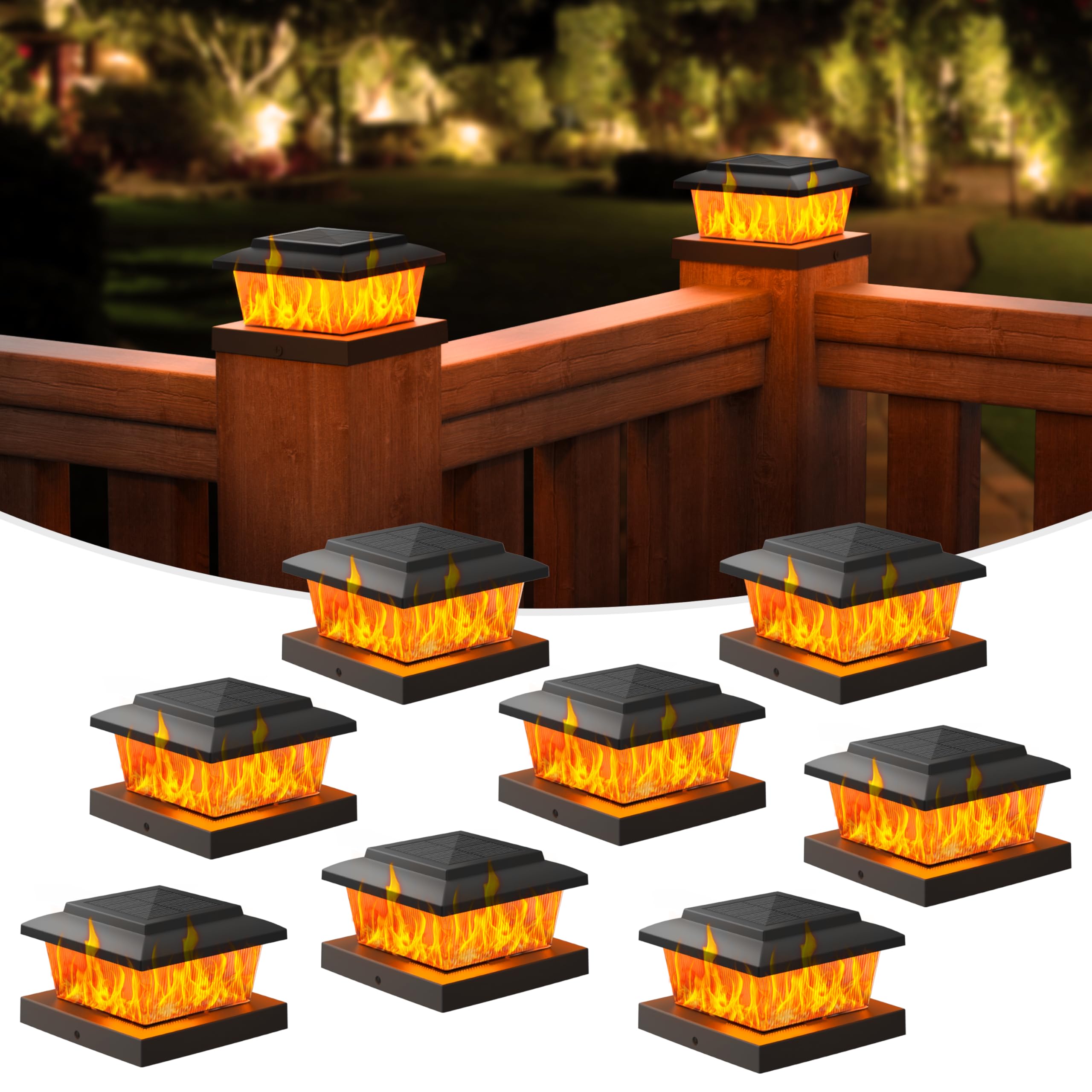 Volisun Solar Fence Post Cap Lights 8Pack  Black Solar Deck Cap Flame Light Outdoor Waterproof  High Brightness Flickering Flame Smd Led Lighting  For 4X4 Wooden/4X4 5X5 Vinyl Post