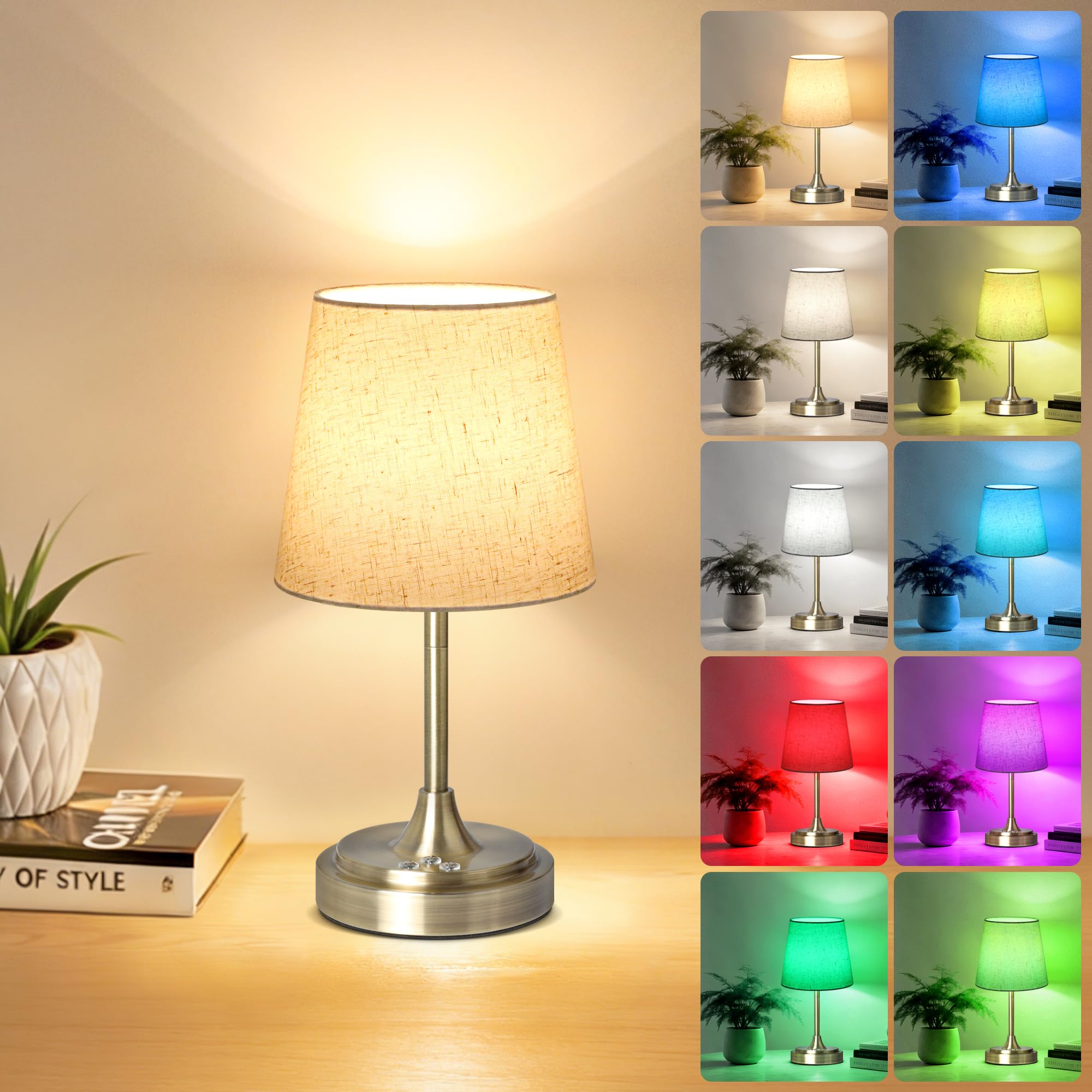 Wowag Small Cordless Table Lamp Rechargeable 5000mAh Battery Operated Desk Lamp 3 Colors & 7 RGB Stepless Dimmable Touch Ambient Light for Bedside Bedroom Dining Room Living Room Bronze FlaxenShade