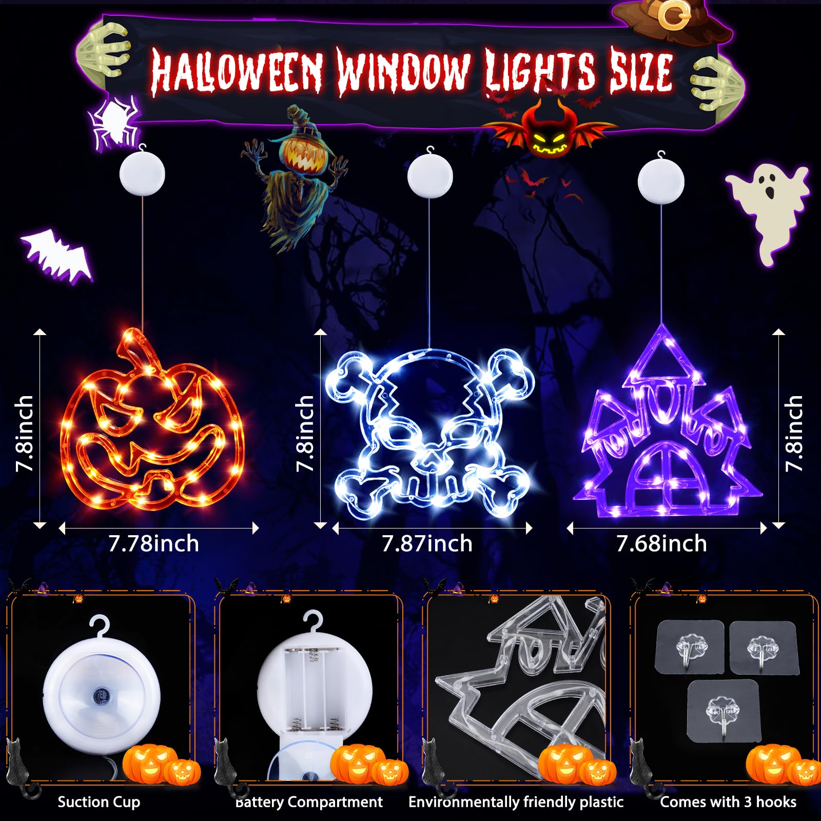 Tiaxidex Halloween Window Lights, Halloween Decorations 3Pcs Skull Pumpkin Castle With Modes Of Flashing And Steady Light With Suction Cup, Upgrade Timer, Battery Operated Halloween Window Decoration