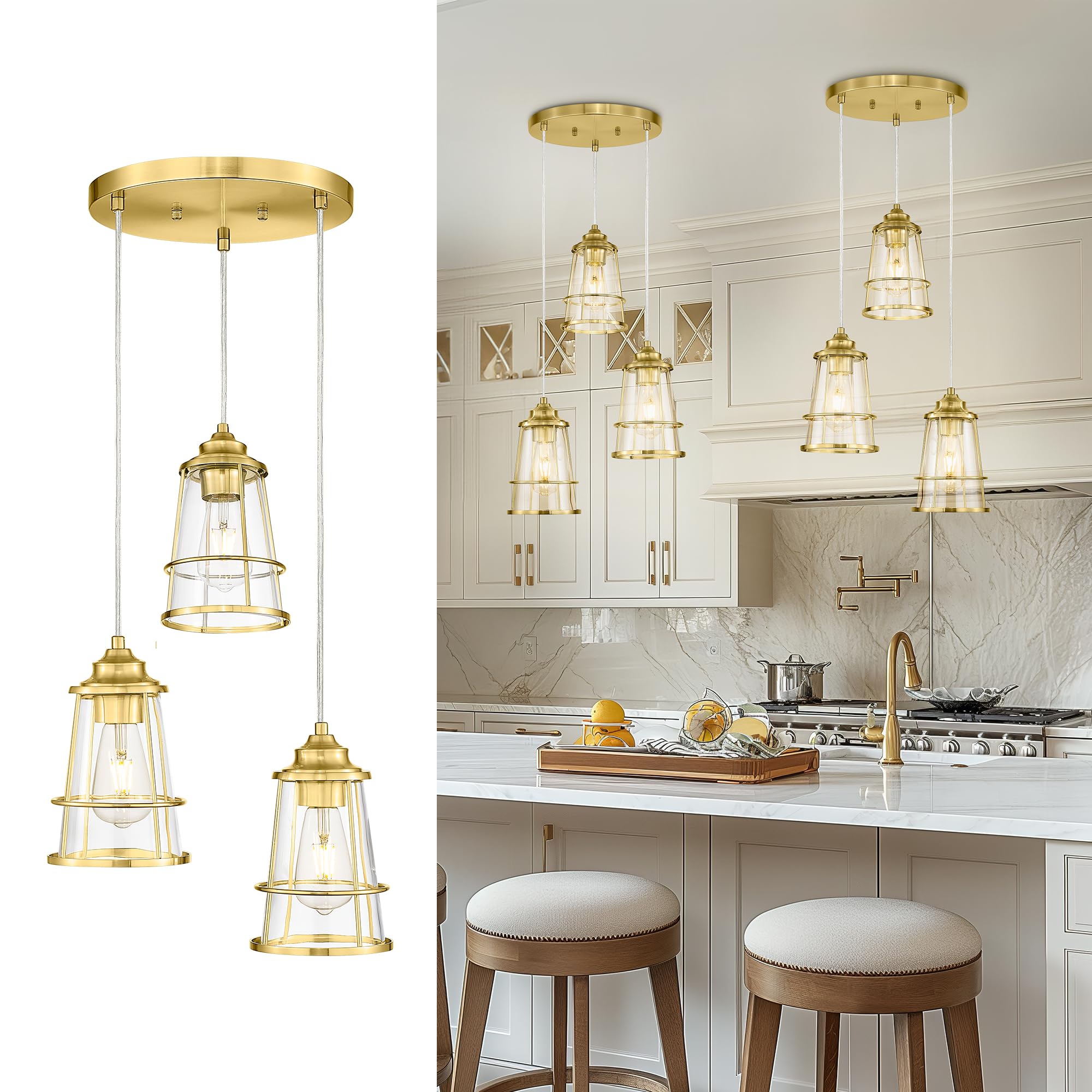 JAZAVA Gold Cluster Pendant Light Fixture, Modern Glass Hanging Light, 3-Light Cage Kitchen Island Lighting for Dining Room Livi