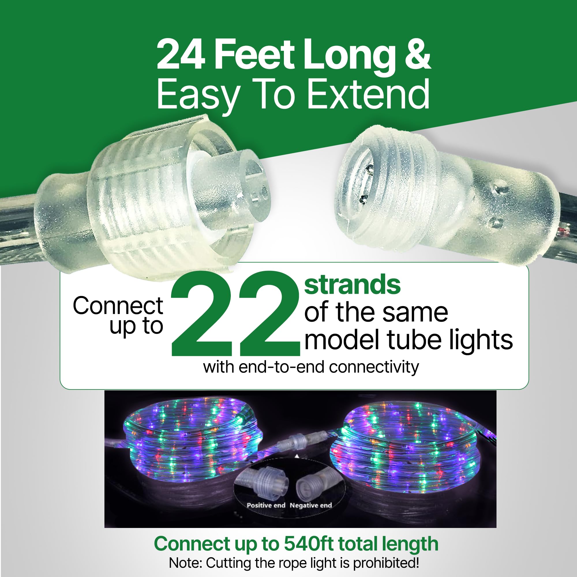 Tupkee LED Rope Light Multi-Color 24 Feet Pack of 2 - 10MM Diameter, 144 Long Life Bulbs for Indoor/Outdoor Use