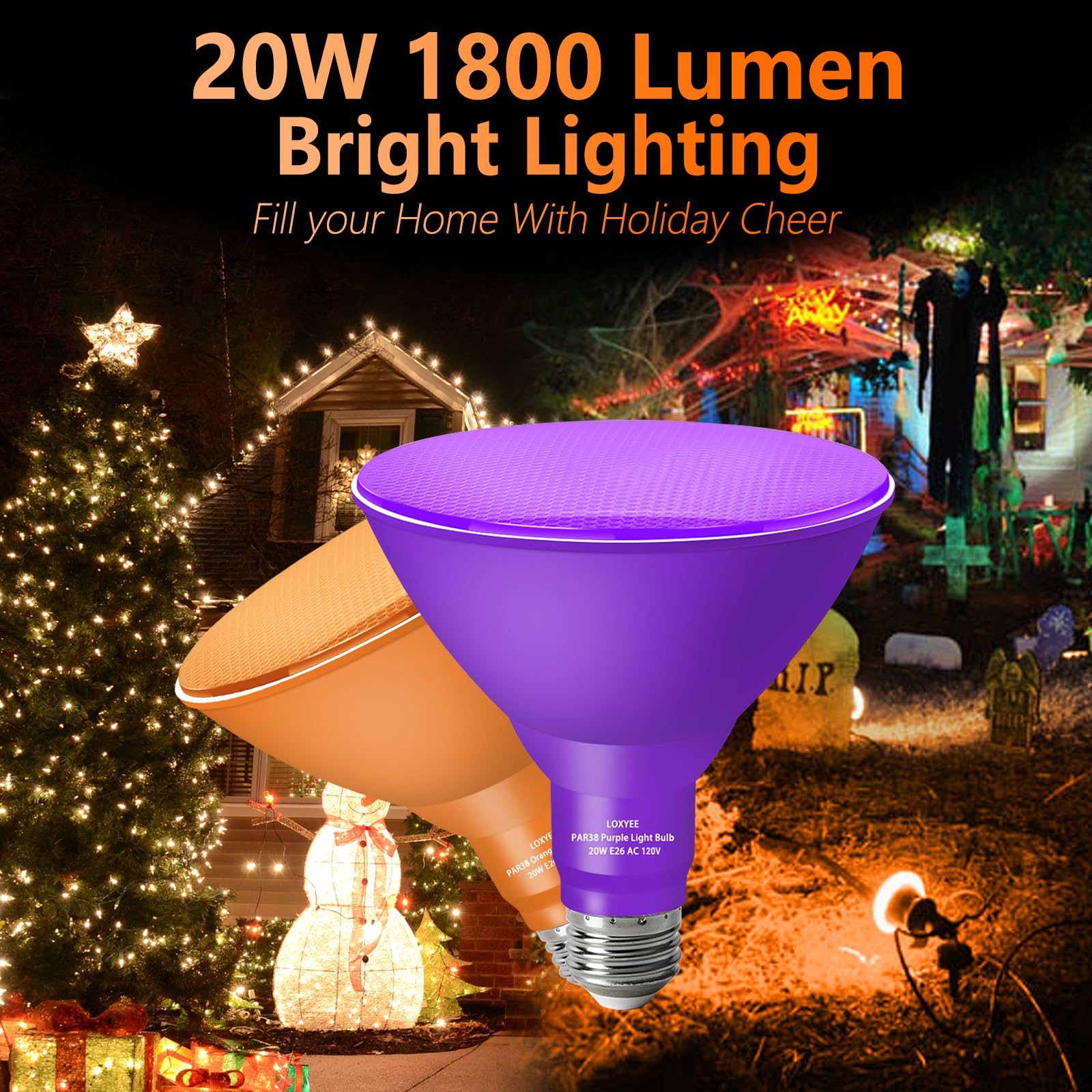 Loxyee Par38 Flood Orange Purple Light Bulbs 2 Pack Dimmable E26 Base Purple Orange Flood Light Outoor(20W Replace To 200W) Halloween Light Bulb For Outside Christmas Holiday Lighting