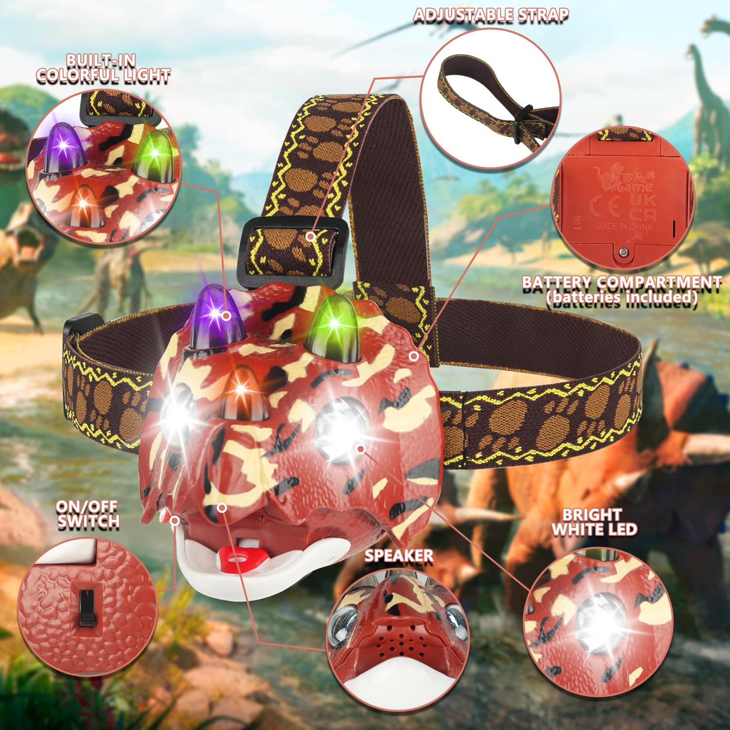 Tigtecgame Triceratops Led Headlamp - Kids Dinosaur Flashlight For Camping, Birthdays & Holidays
