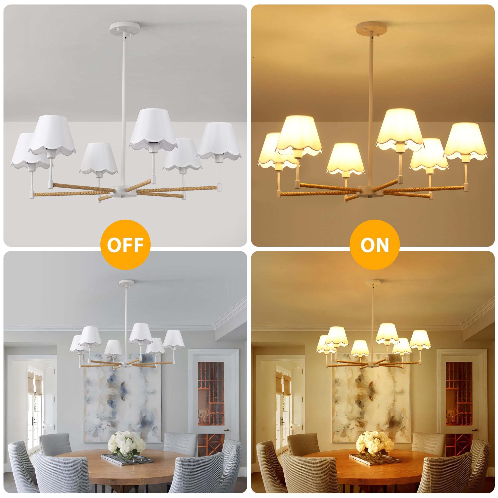 Farmhouse Rattan Chandelier With White Fabric Shade  6-Light Boho Chandeliers For Dining Room  Adjustable Rustic Pendant Light 37.5 Modern White Hanging Lighting For Kitchen Island  Living Room