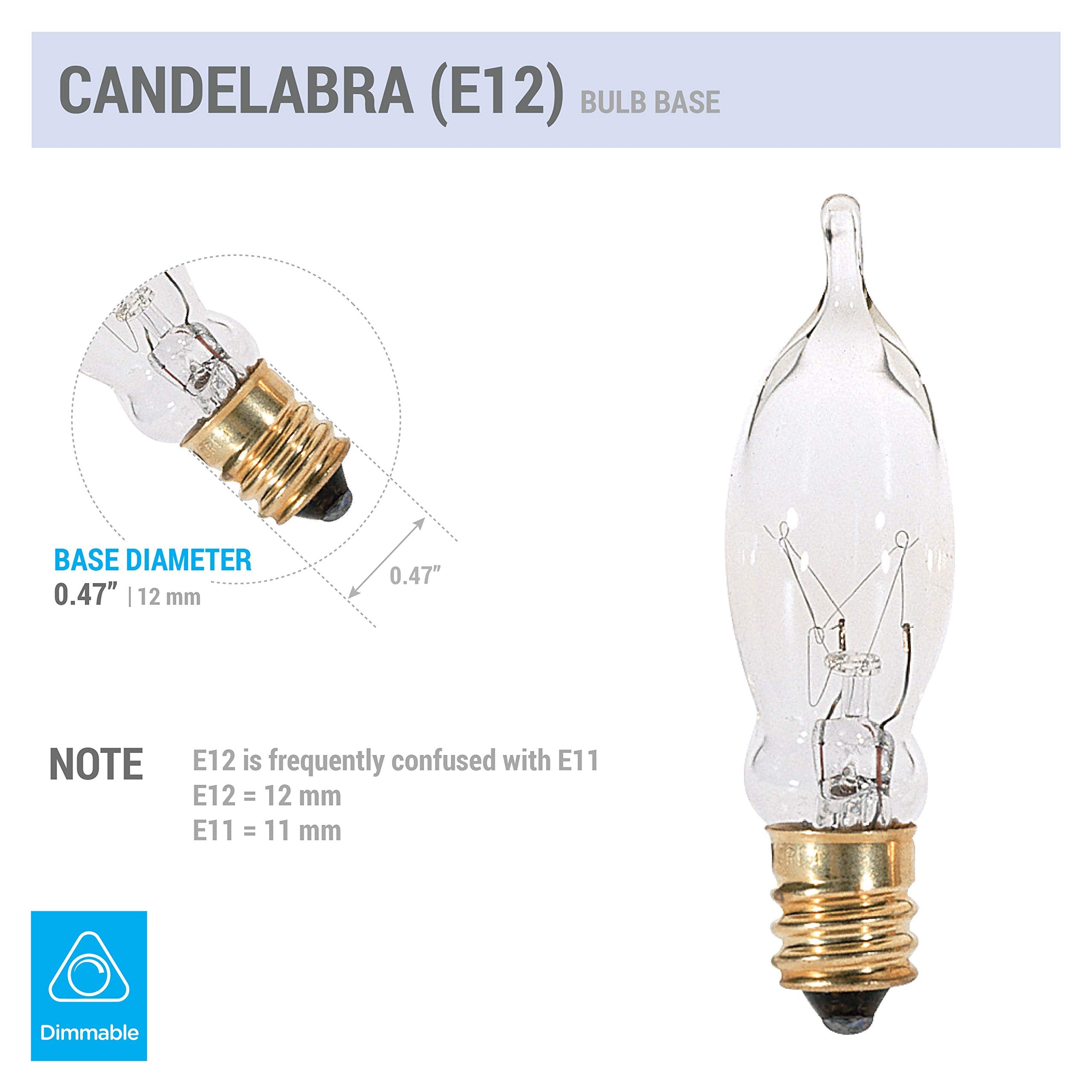 Kor (12 Pack) 7.5Cfc/15/3 7.5W 120 Volt, Flame Candelabra Tip Chandelier Bulb, Clear Ca5 Incandescent, Petite Decorative Lamp, E
