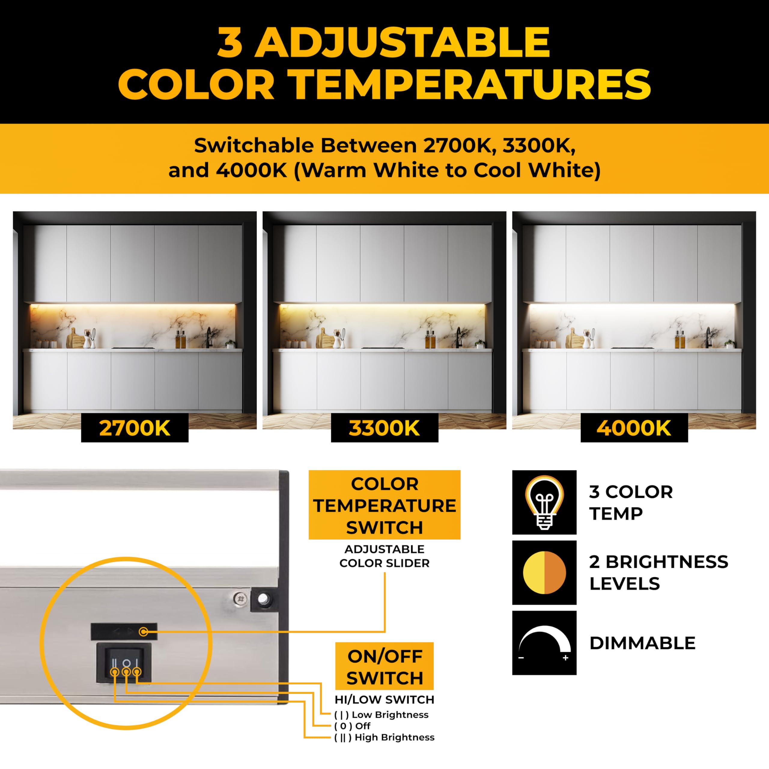 NSL LED Under Cabinet Lighting, Dimmable, 12 Inch, Satin Nickel, 3 Color Temperatures (2700K, 3000K, 4000K), Model LTSP