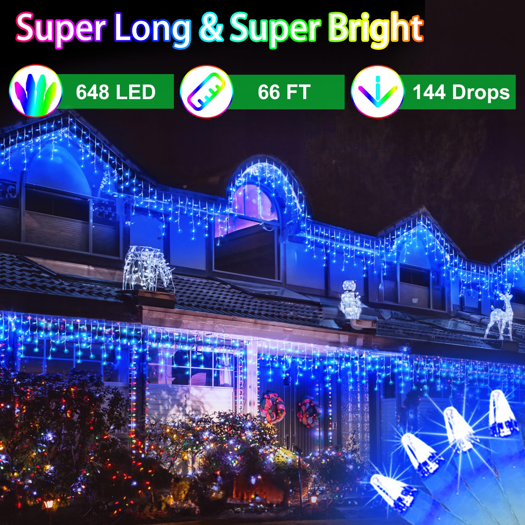 WUXYIYANG 648 LED Outdoor Christmas Lights, 66FT Waterproof Curtain String, 8 Modes, Blue, Model WX-648L, 144 Drops
