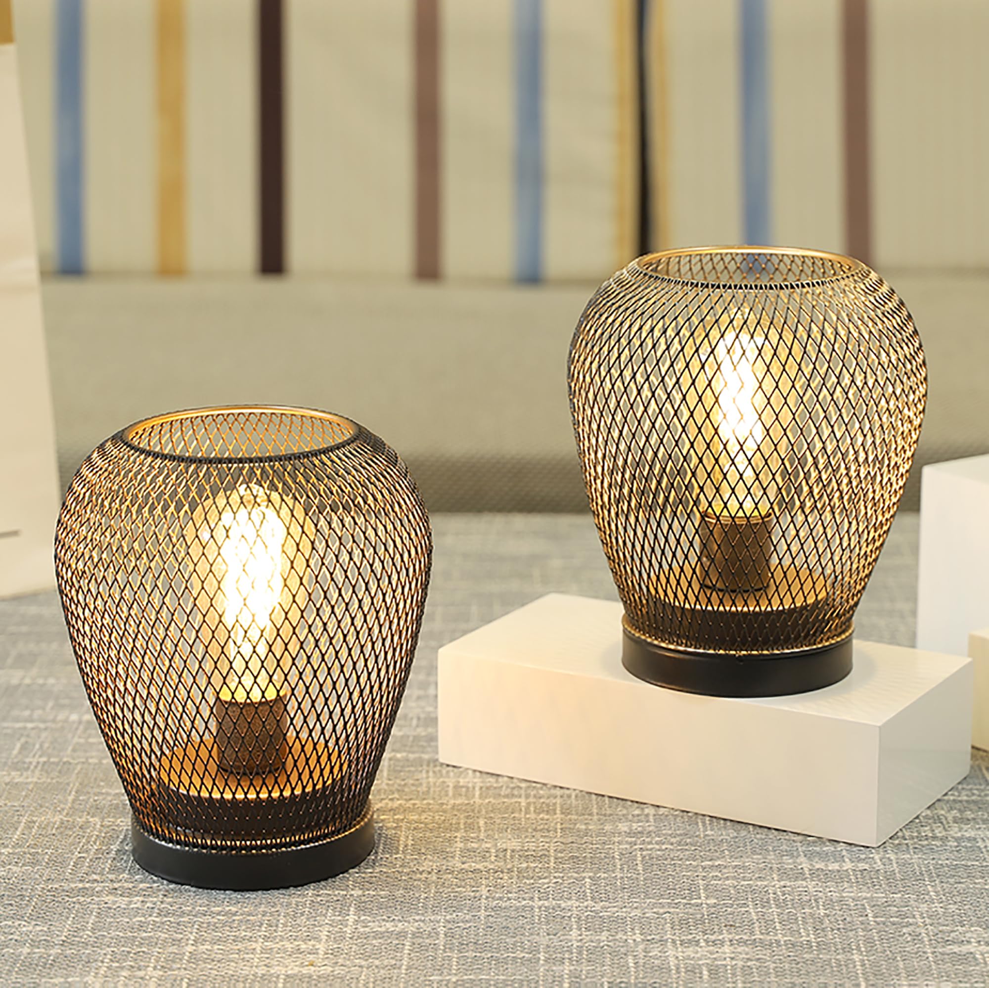 Jhy Design Set Of 2 Metal Cage Led Lantern Battery Powered Lamp Cordless Accent Light With Led Edsion Style Bulb Great For Weddi