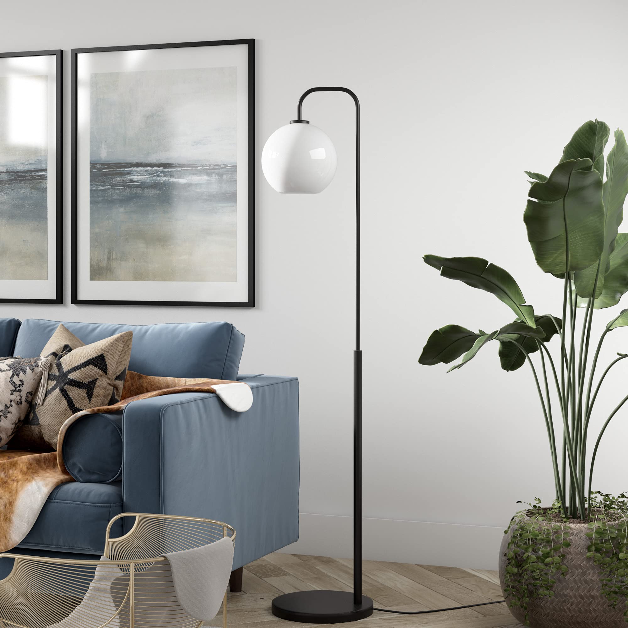 Harrison Arc Floor Lamp with Glass Shade in Blackened Bronze/White Milk