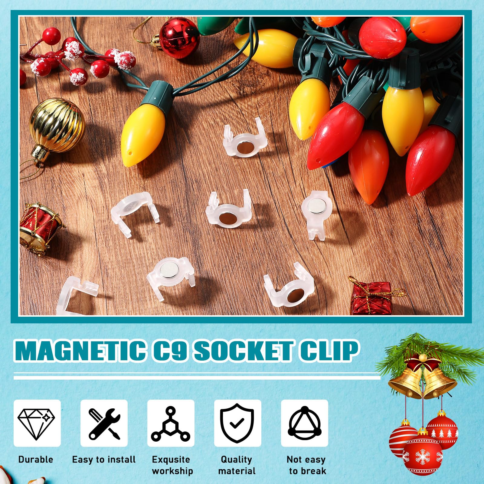 Magnetic C9 Socket Clips Magnetic Christmas Light Clips for Outdoor Patio Lighting (Clear, 200 Pieces)