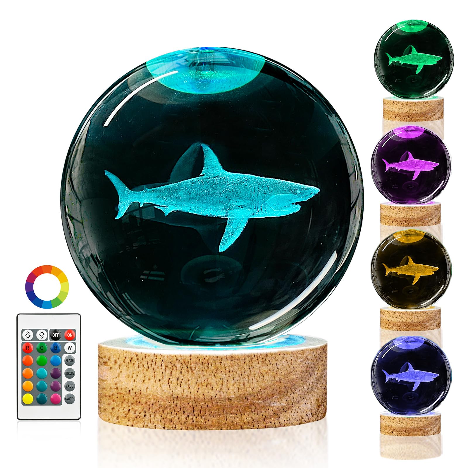 3D Shark Crystal Ball Night Light With Remote Lifelike 3.15 In Shark Sea Animal Glass Ball Lamps With 16 Color Led Wooden Base For Birthday Holiday  Cool Shark Toy Room Decor Gifts For Boys Girls Kids