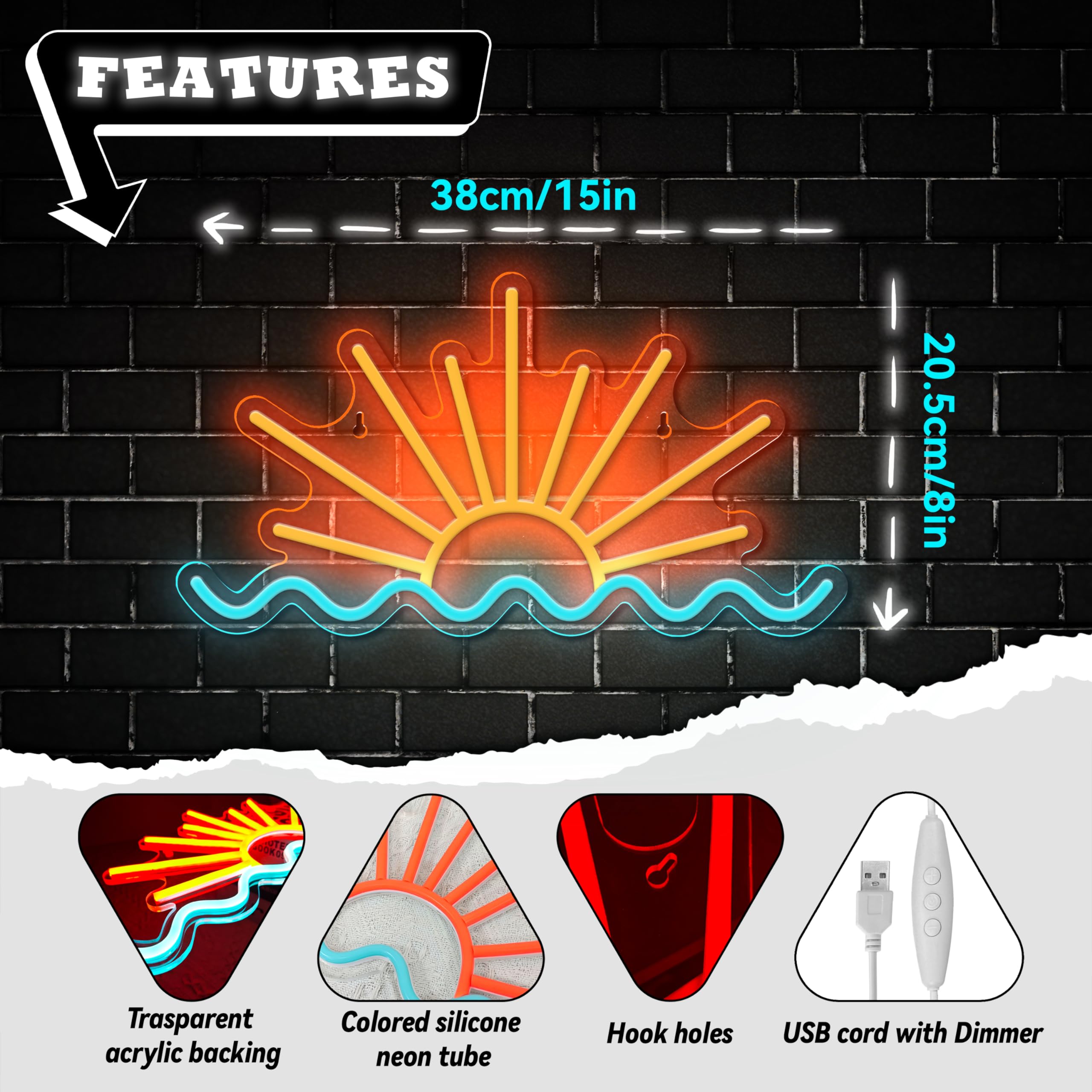 VIKLIU Neon Sign - Sunset Wave LED Light for Bedroom & Bar, 14.96x8.07in, USB Powered, Acrylic, Model TYH