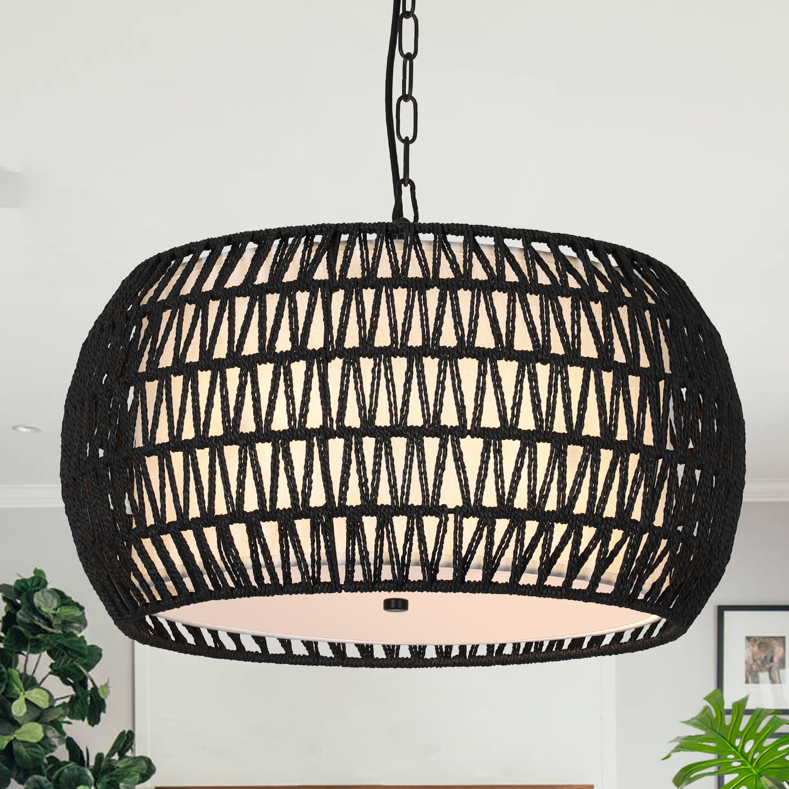 Farmhouse Chandeliers for Dining Room,5-Lights Rattan Boho Chandelier Light Fixture,Black Woven Dining Room Light Fixture with F