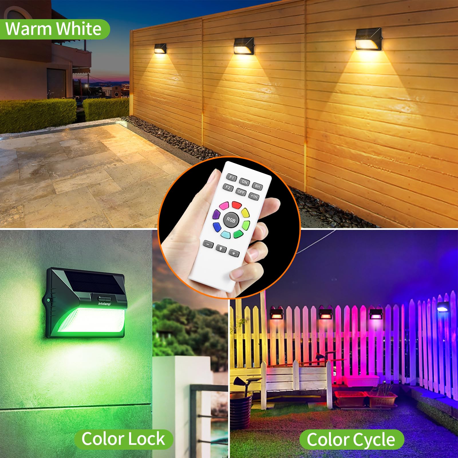 Intelamp Solar Fence Lights Outdoor, 6 Packs 9 Colors & Rgb Color Changing Deck Lights Waterproof, Solar Powered Led Wall Lighti