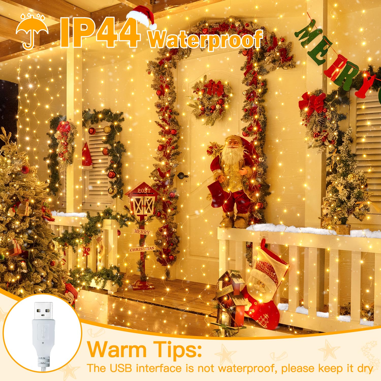 Ollny Fairy Lights Curtain 200 LED, 6.6x6.6ft, Warm White, USB Powered, Waterproof, Model W0520M200L, Indoor/Outdoor Decorations