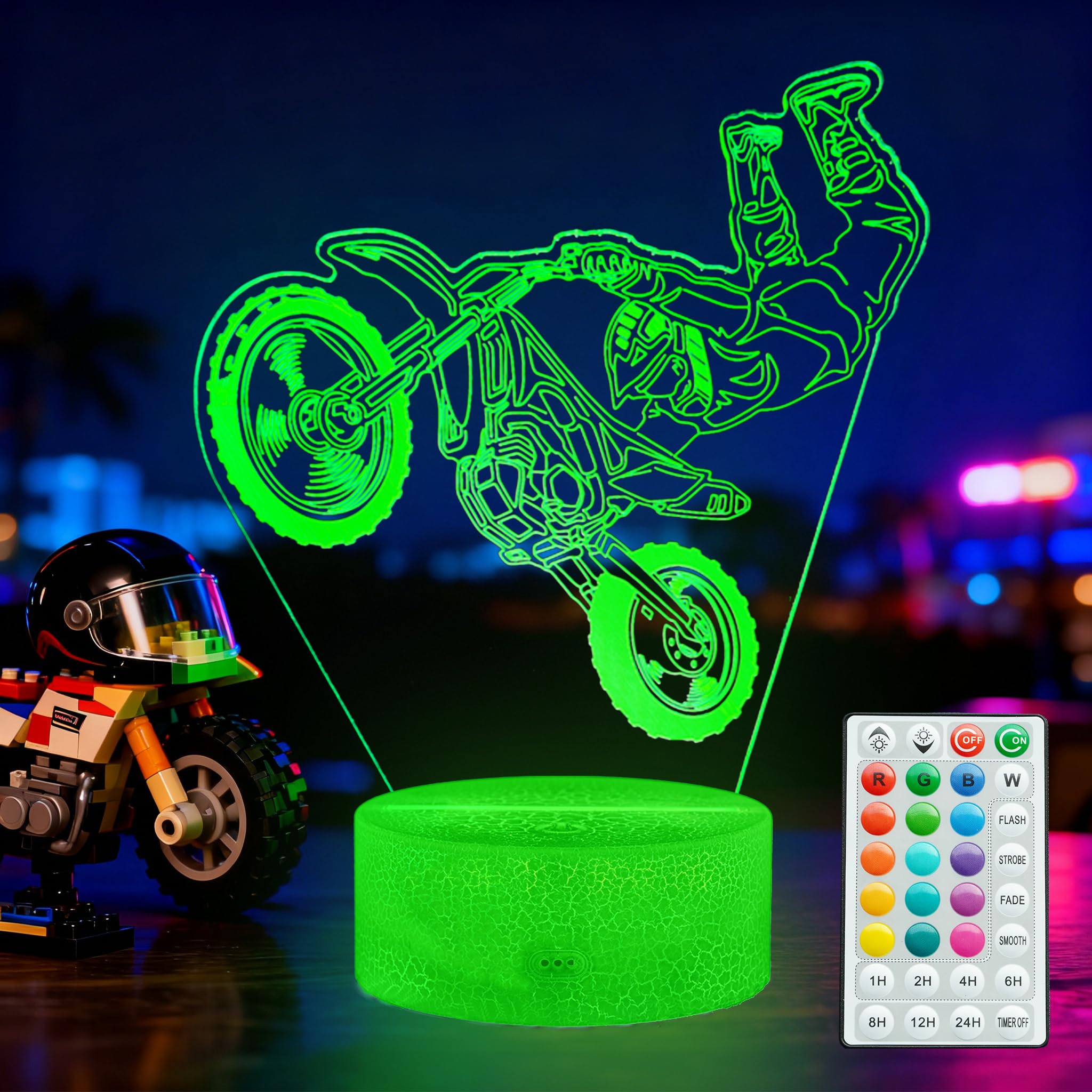 POSSHE Dirt Bike Night Light, Dirt Bike Gifts for Boy, 3D Illusion Lamp with Remote Control, 16 Colors Changing, RGB Flashing Mo