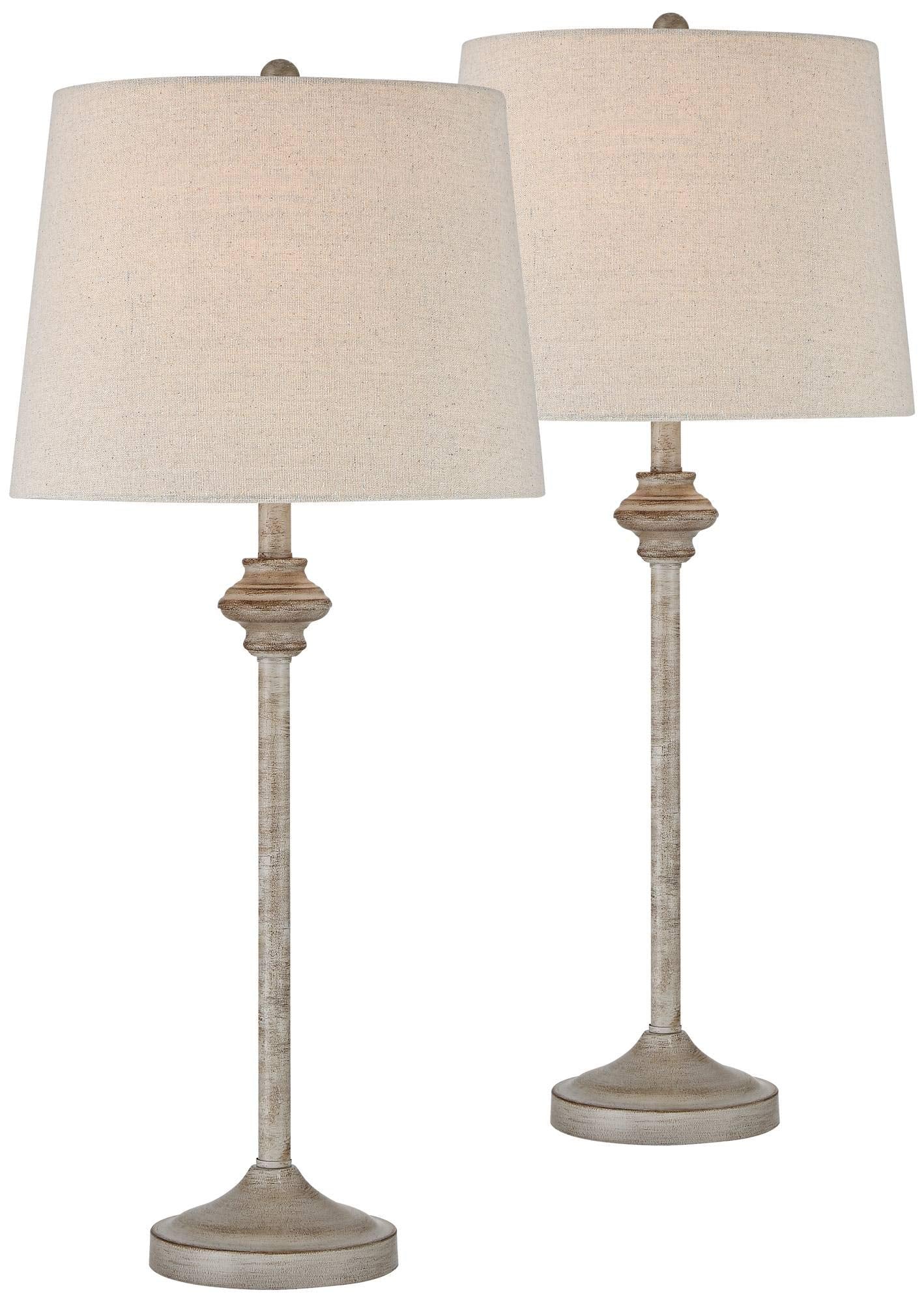 360 Lighting Lynn Country Cottage Rustic Buffet Table Lamps 26 3/4'' Tall Skinny Set Of 2 Light Beige Wood Oatmeal Fabric Tapere