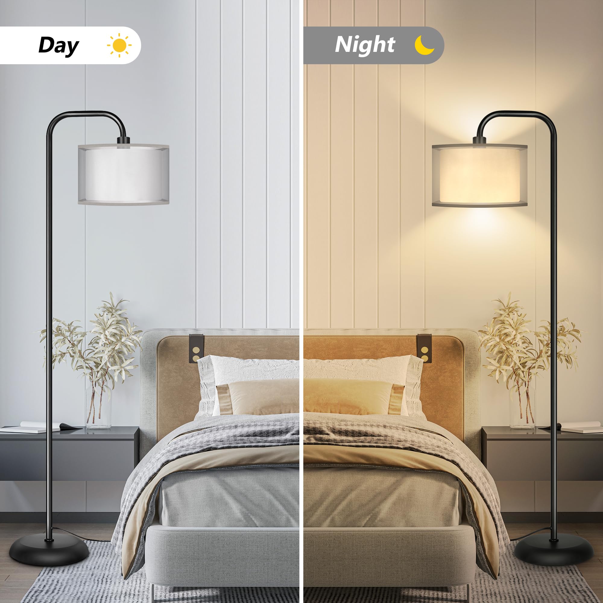 Partphoner Led Floor Lamp For Living Room, Modern Standing Lamp With Foot Switch Grey Organza Fabric Shade Tall Pole Reading Lam