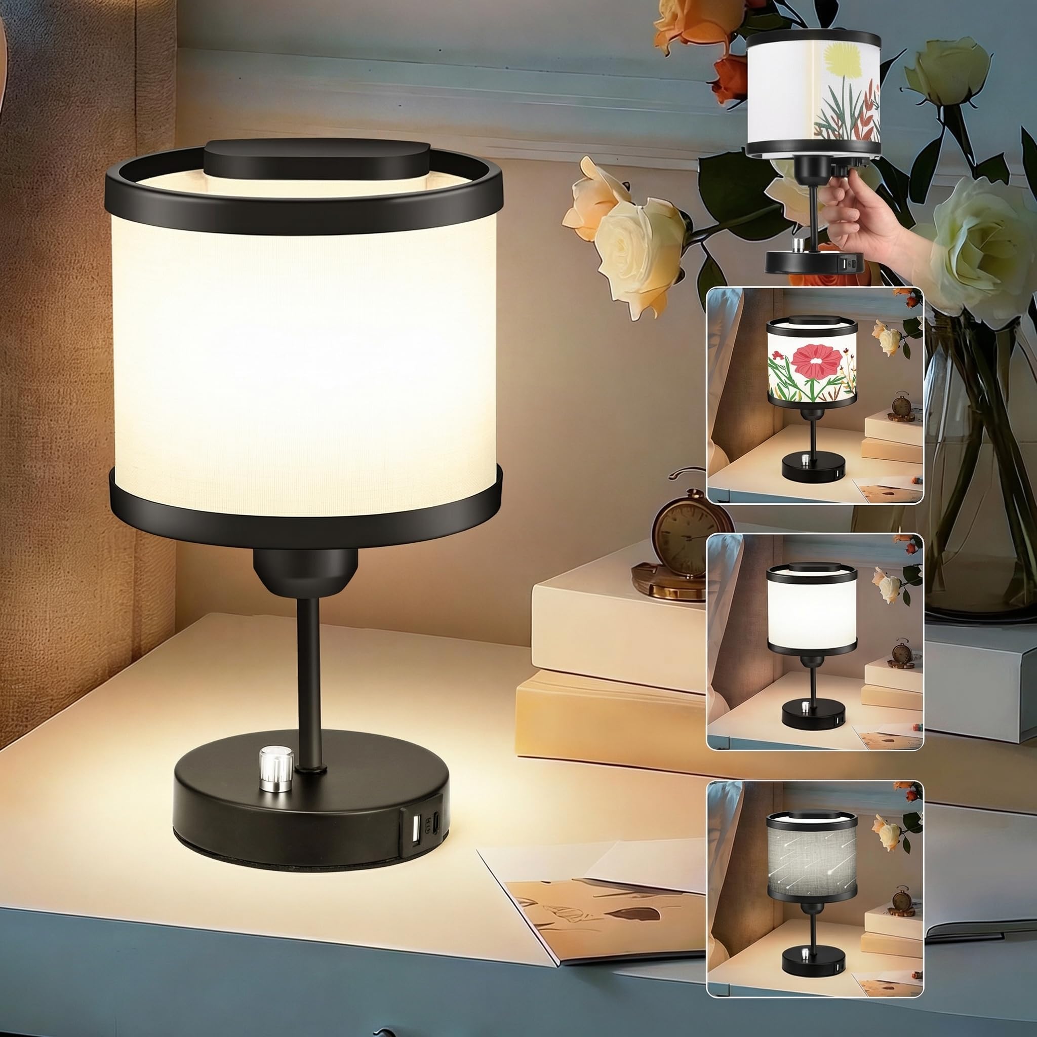 ZDDGNN Aesthetic 3-in-1 Desk Lamp with Patented Rotatable Shade  Modern Bedside Lamp with Charging Station  3 Vibe Patterns  Daylight White (E26 Bulb Replaceable)  Unique Table Lamp for Decor