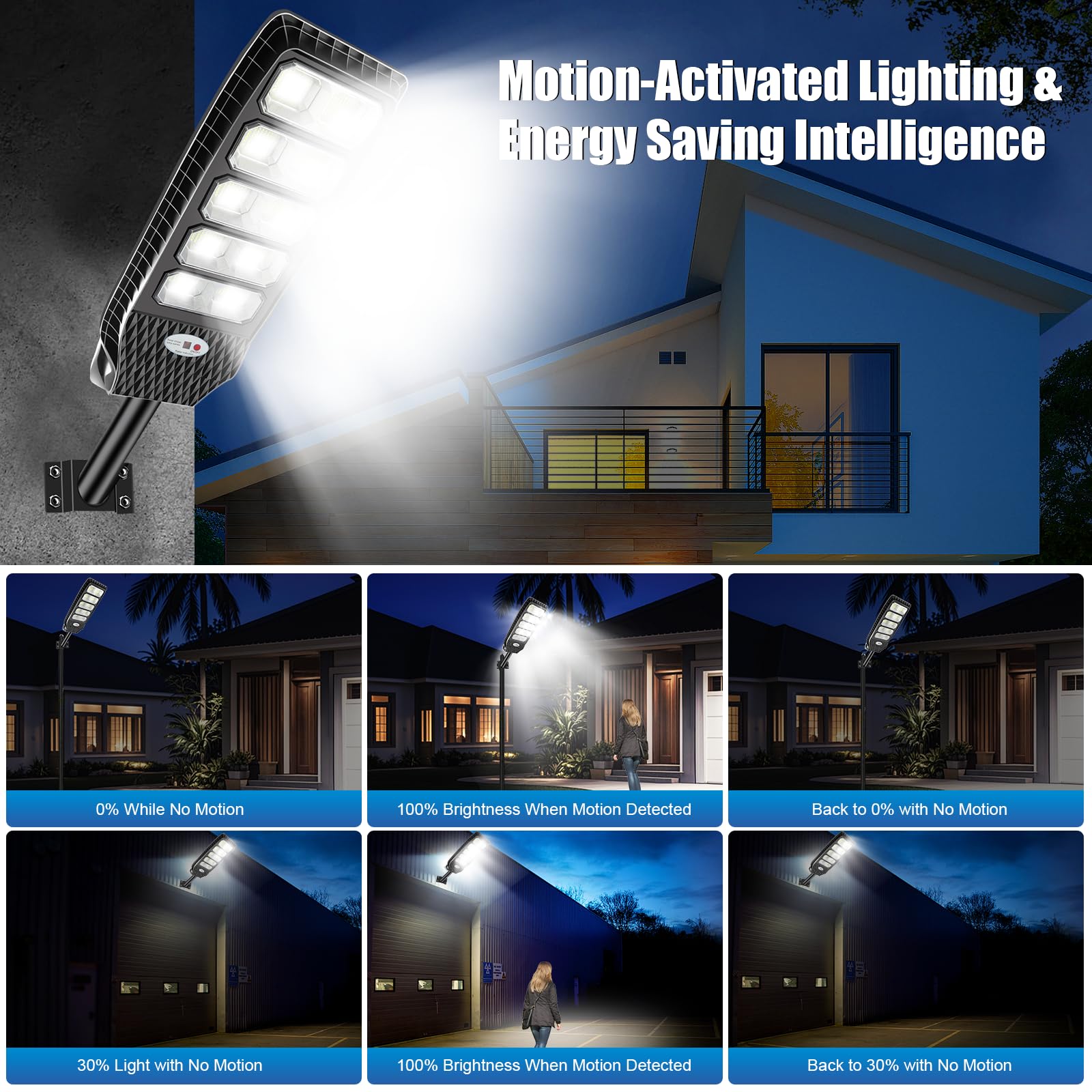 VUAA Solar Street Lights - 6500K, 20000LM, 576 LEDs, Dusk to Dawn, Motion Sensor, 1200W, Black, Model JI99-SL