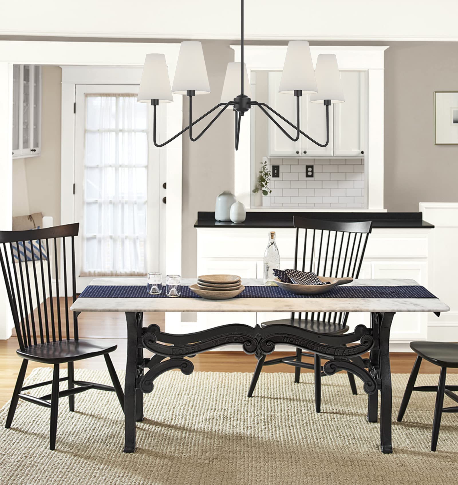 Electro Bp 30&quot; 5-Arm Classic Chandelier, Matt Black With White Shades, Light Fixture For Home