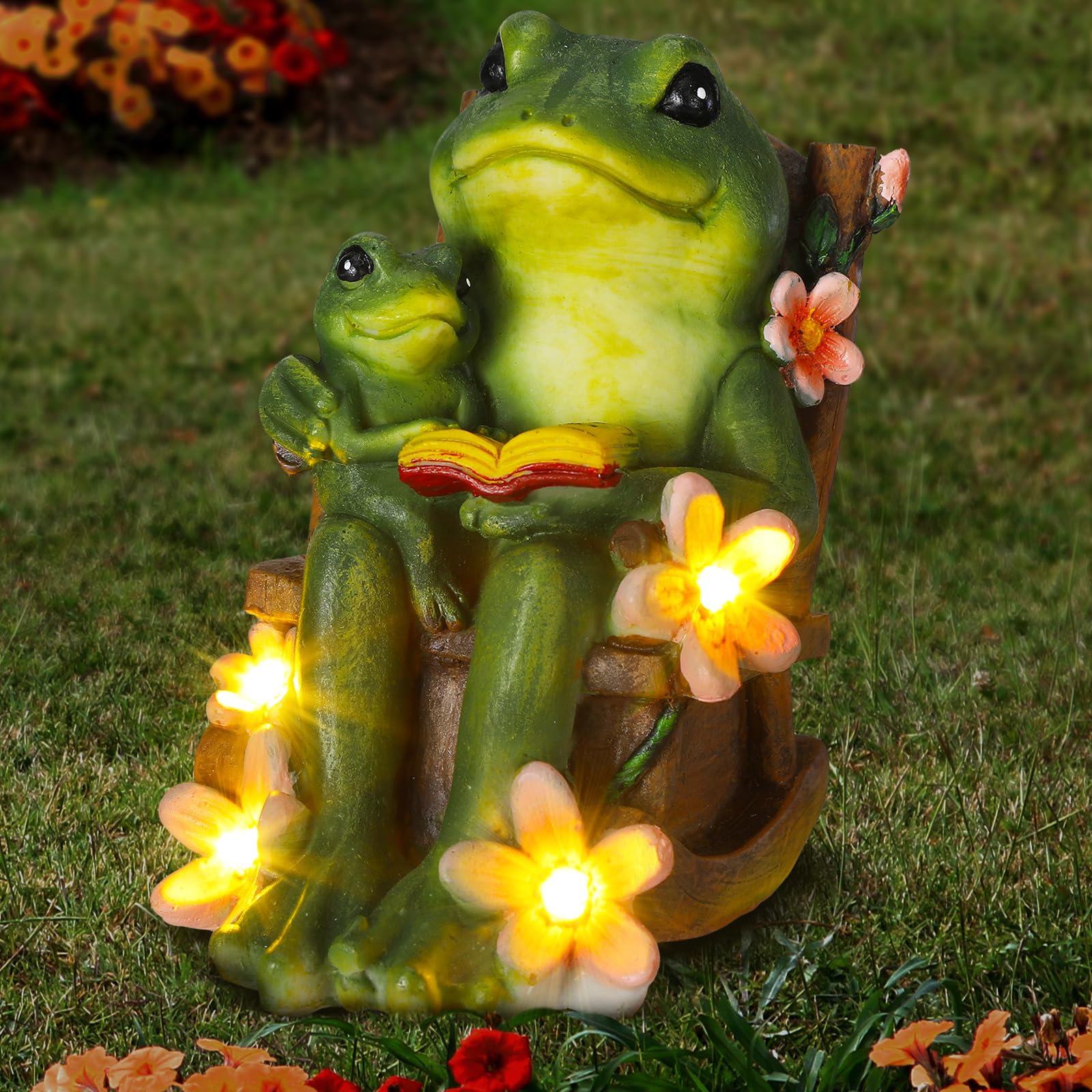 Thyle Frog Miniature Garden Statues Solar Family Reading Frog Garden Statue in Rocking Chair with LED Book Outdoor for Mom Women