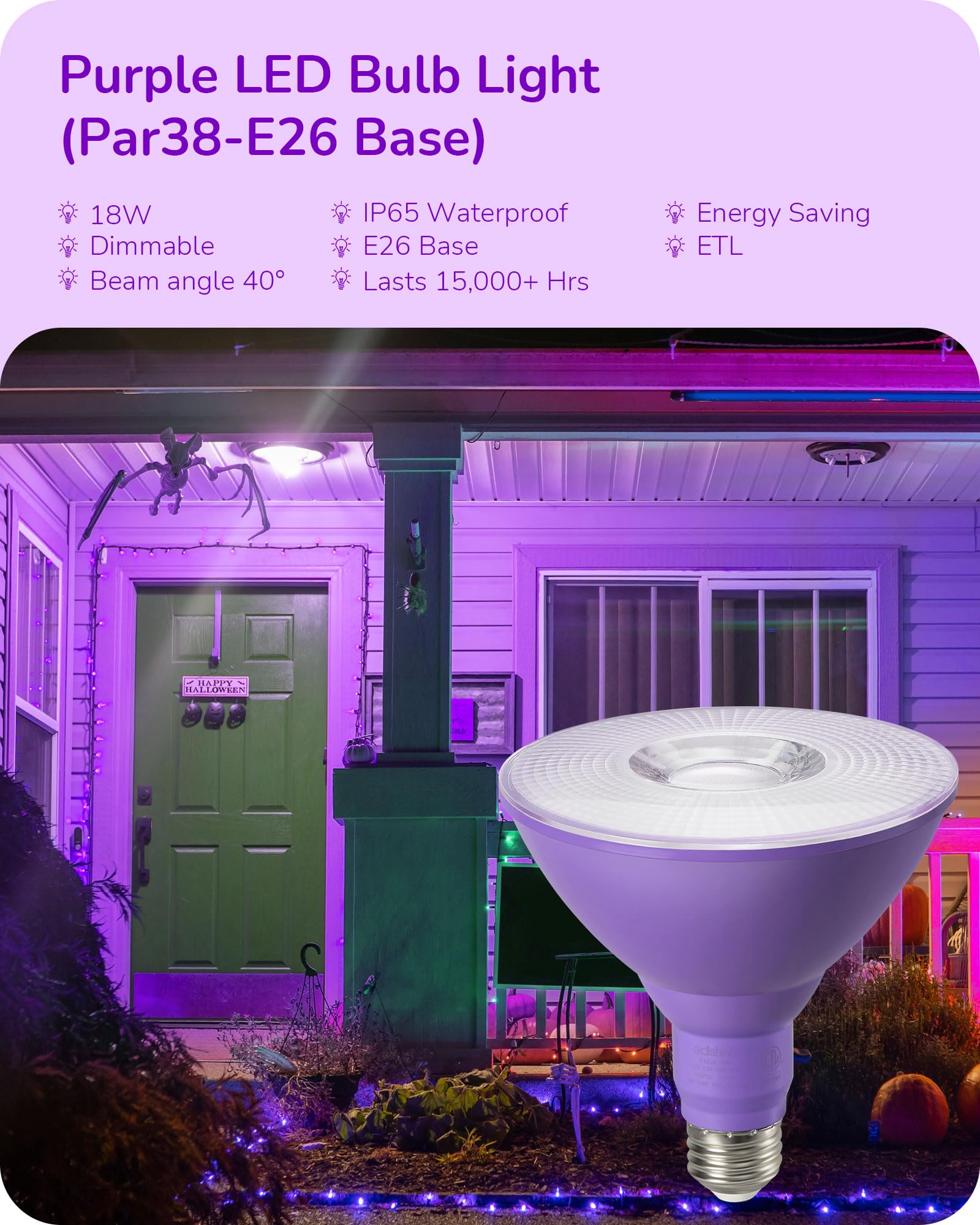 Edishine Par38 Purple Led Flood Light Bulbs Outdoor, Dimmable Purple Led Light Bulb, 18W(120W Equivalent), Flood Lights For Part
