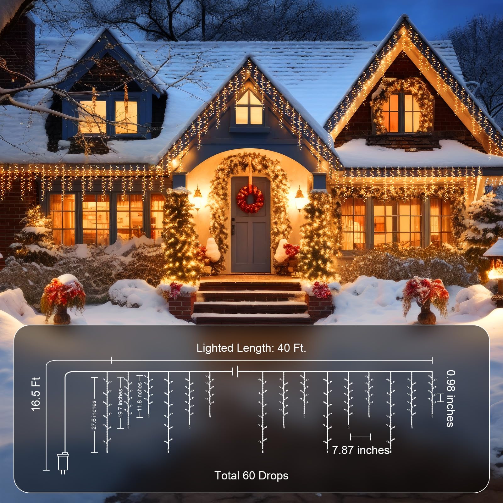 Brightown Cluster Icicle Lights Outdoor, 40Ft 1200 Led Icicle Christmas Lights With 60 Drop,12 Modes, Icicle String Lights With